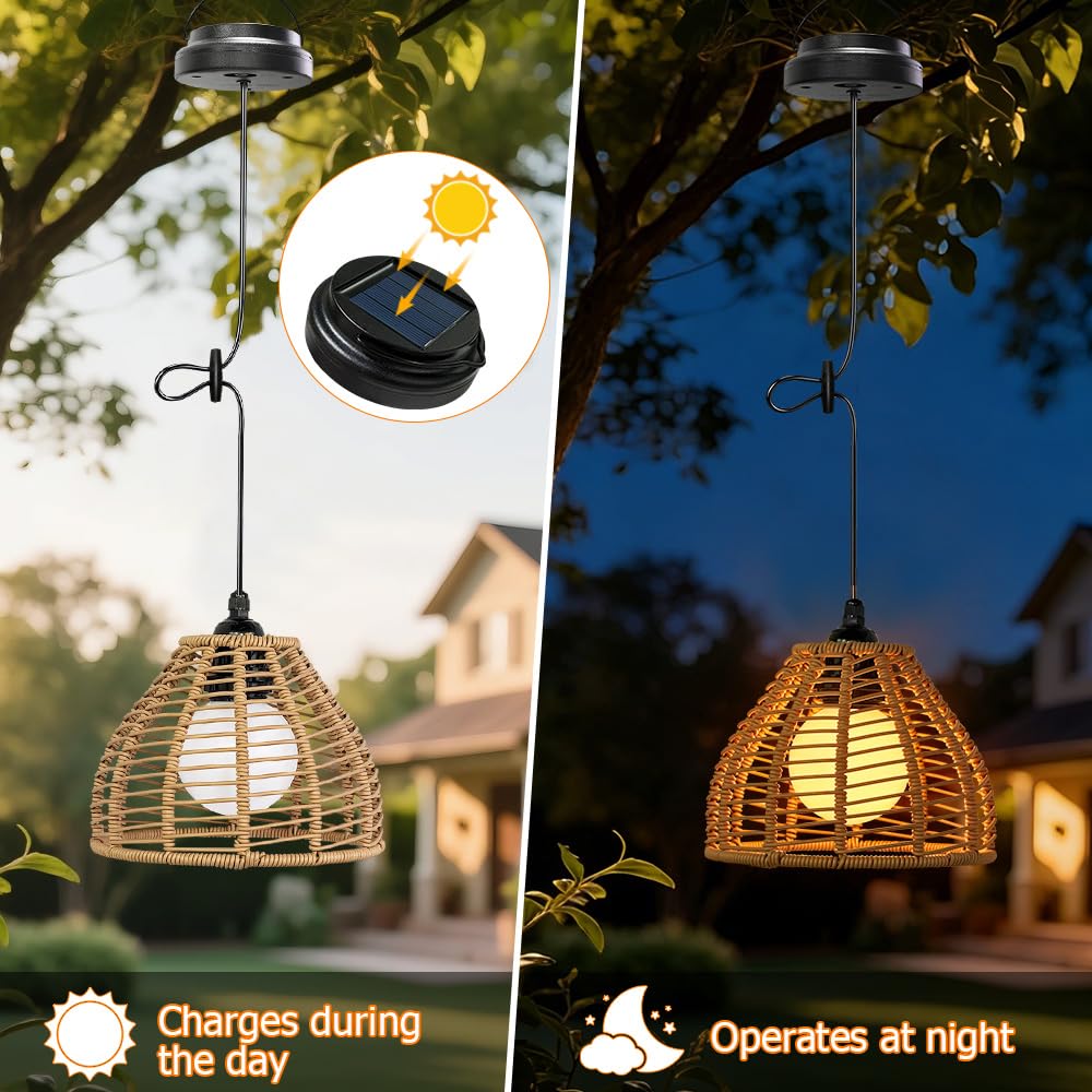 Lanterne Solaire Exterieur Jardin 2 Pièce Suspension Rotin Balcon Terrasse Camping Décoration