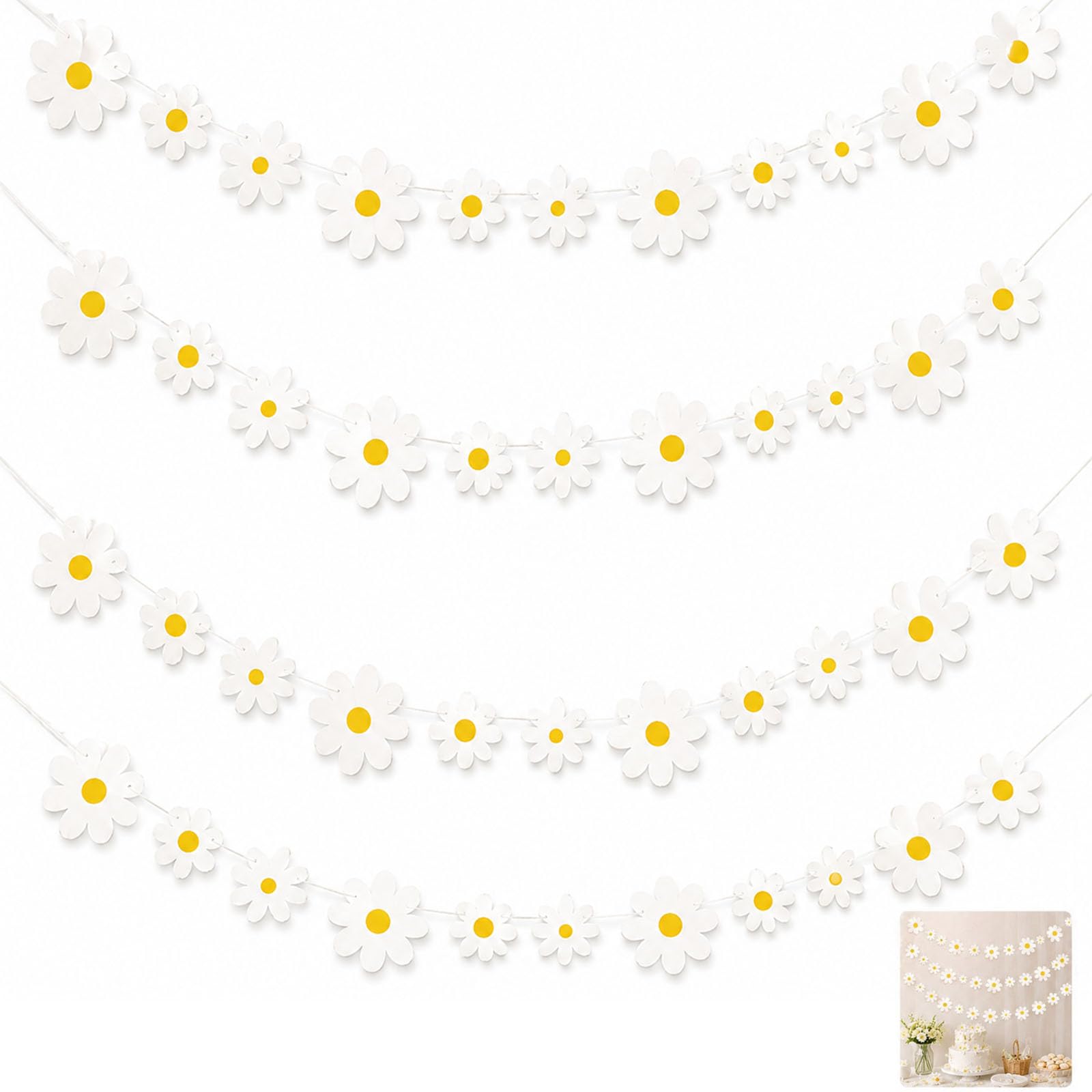 Mistillion 4 PCS White Daisy Flower Banner, Paper Floral Garland Decorations for Spring Summer Party, Girls Birthday Wedding Tea Party Baby Shower