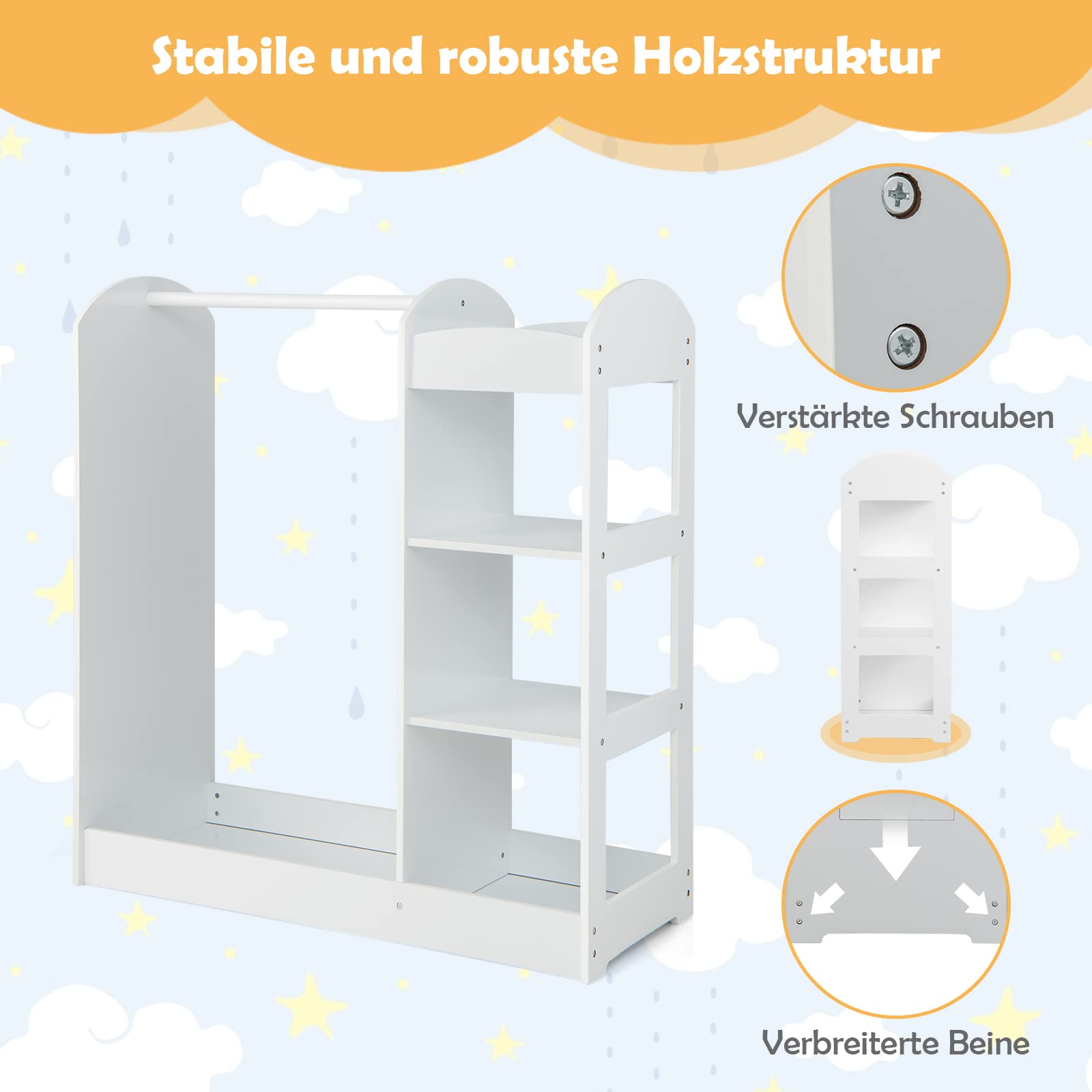 DREAMADE Kinderkleiderschrank mit Spiegel und Kleiderstange, Kinder Kleiderschrank Kinderregal mit 4 offener Ablagen, Kinder Kleiderständer für Kinderzimmer, 93,5x38x100cm (Weiß)