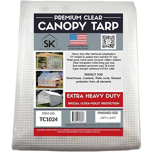 16 Mil Clear Poly Heavy Duty Tarp with Fiber Reinforcement - True Size Tarps with UV Protection, Tear Resistance, Flexibility, Reinforced Corners 10x24