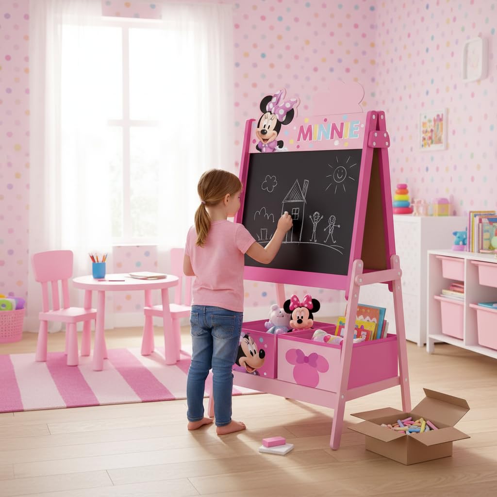 ARDITEX - Pizarra infantil de Disney Minnie Mouse con doble superficie para uso de tiza y rotulador y 2 contenedores textiles para almacenaje - 54x45x117cm - Contenedores de 24x30x15cm - Color rosa