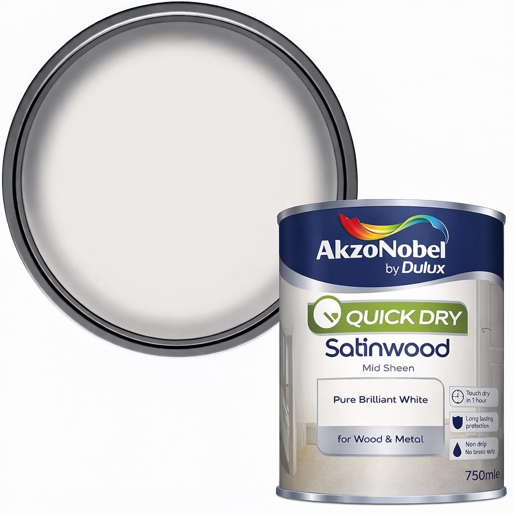 Satinwood 750ML – Quick Dry Interior Wood & Metal Paint – Brilliant White Satin Finish – Durable Mid Sheen for Doors, Skirting Boards, Trim & Furniture