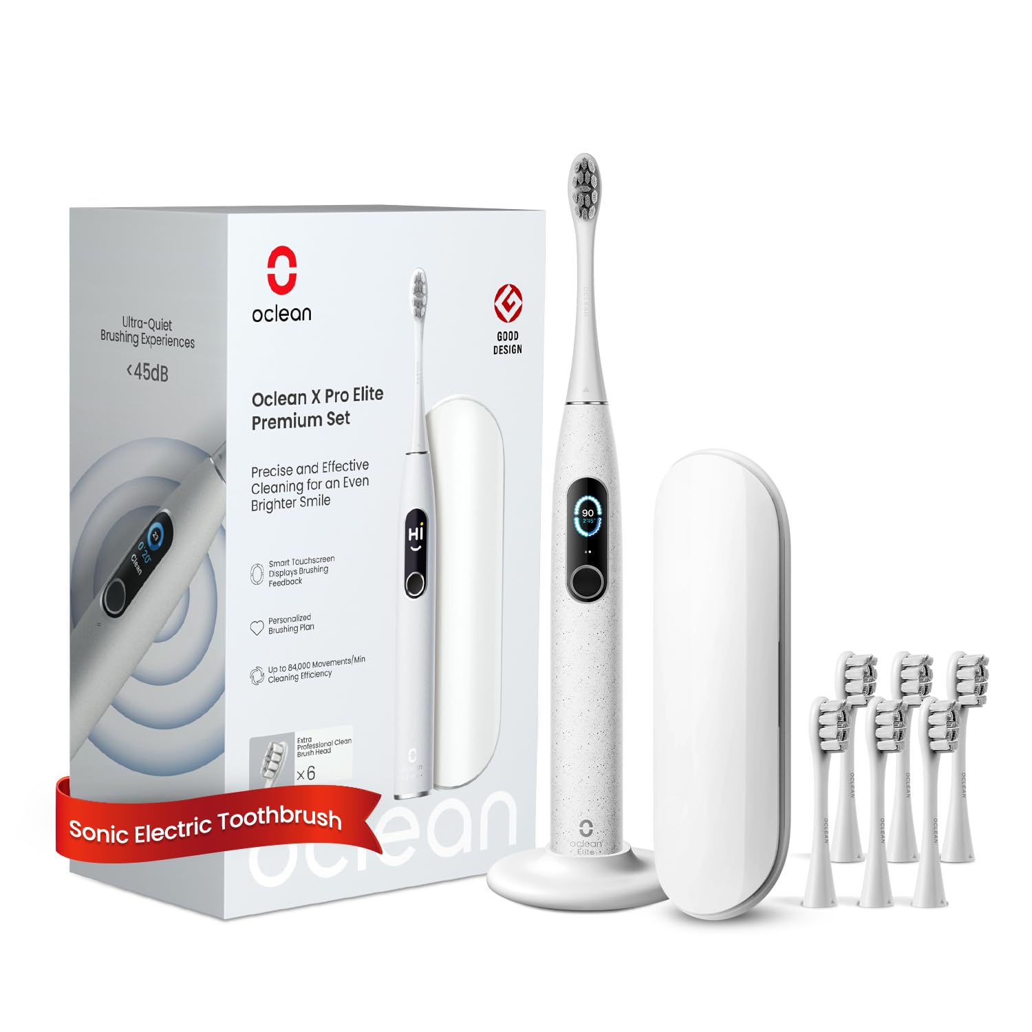 OcleanX Pro Elite Premium Set (Toothbrush+6 Brush Heads+Travel Case), Smart Mute Sonic Electric Toothbrush, 4 Whitening Modes, Quick Charge for 35 Days, IPX7 – Grey
