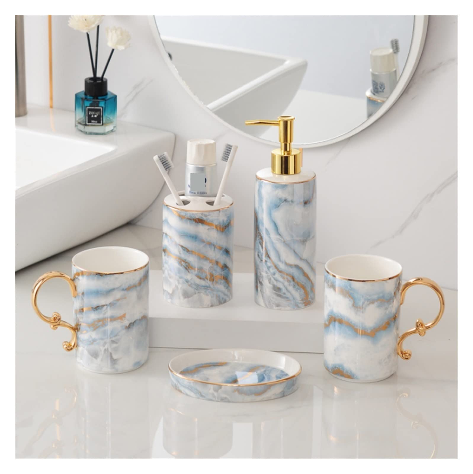 Zestaw Akcesoriów łazienkowych Ceramiczny Zestaw Akcesoriów Łazienkowych Moda Marmurowy Wzór Zestaw Łazienkowy W Stylu Europejskim Na Prezent Na Parapetówkę Zestaw łazienkowy (Size : Blu)
