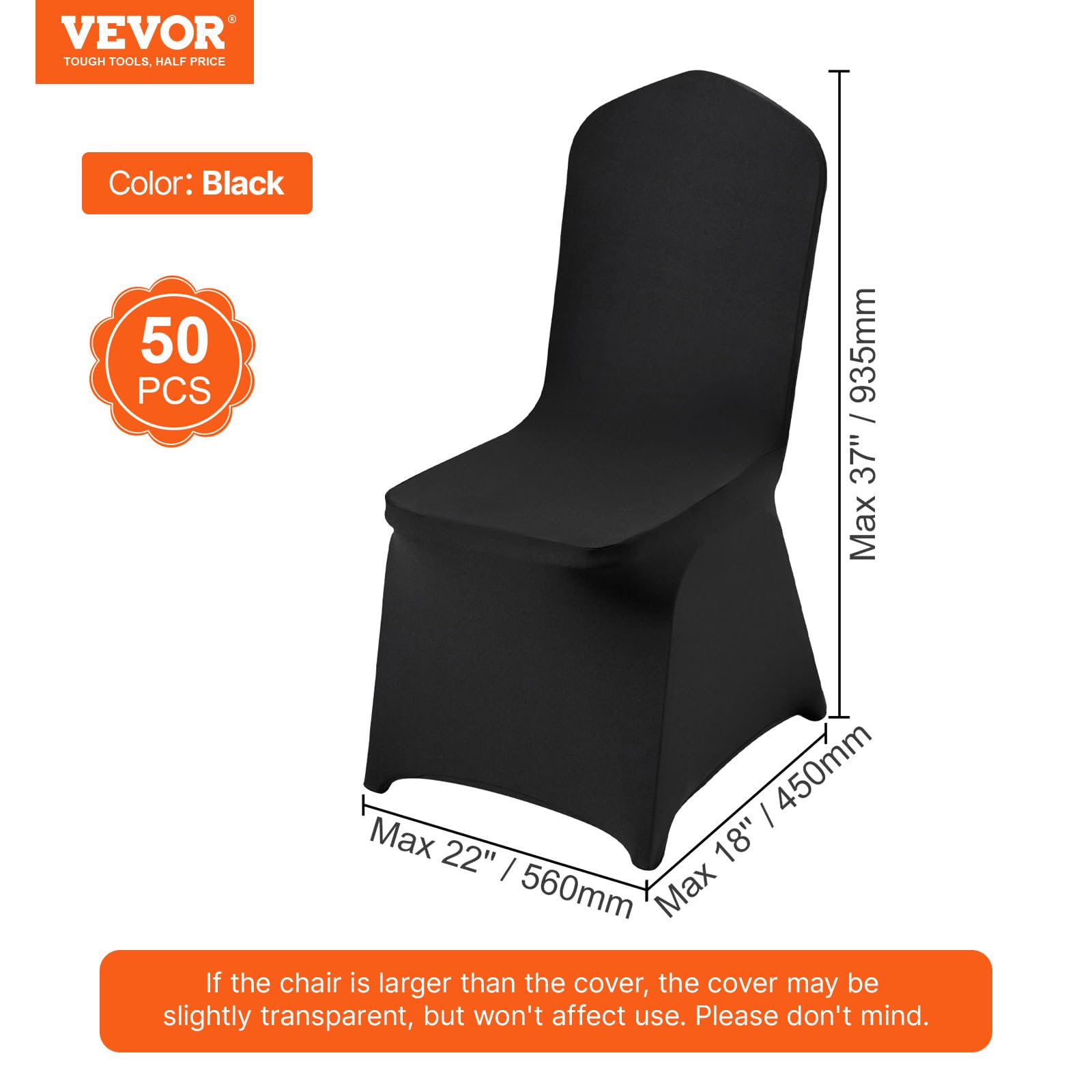 VEVOR Fundas para Sillas Plegables de Spandex Elástico, Funda para Silla Ajustable Universal, Fundas Protectoras Lavables Extraíbles, para Bodas, Vacaciones, Banquetes, Fiestas(50 Piezas Negras)