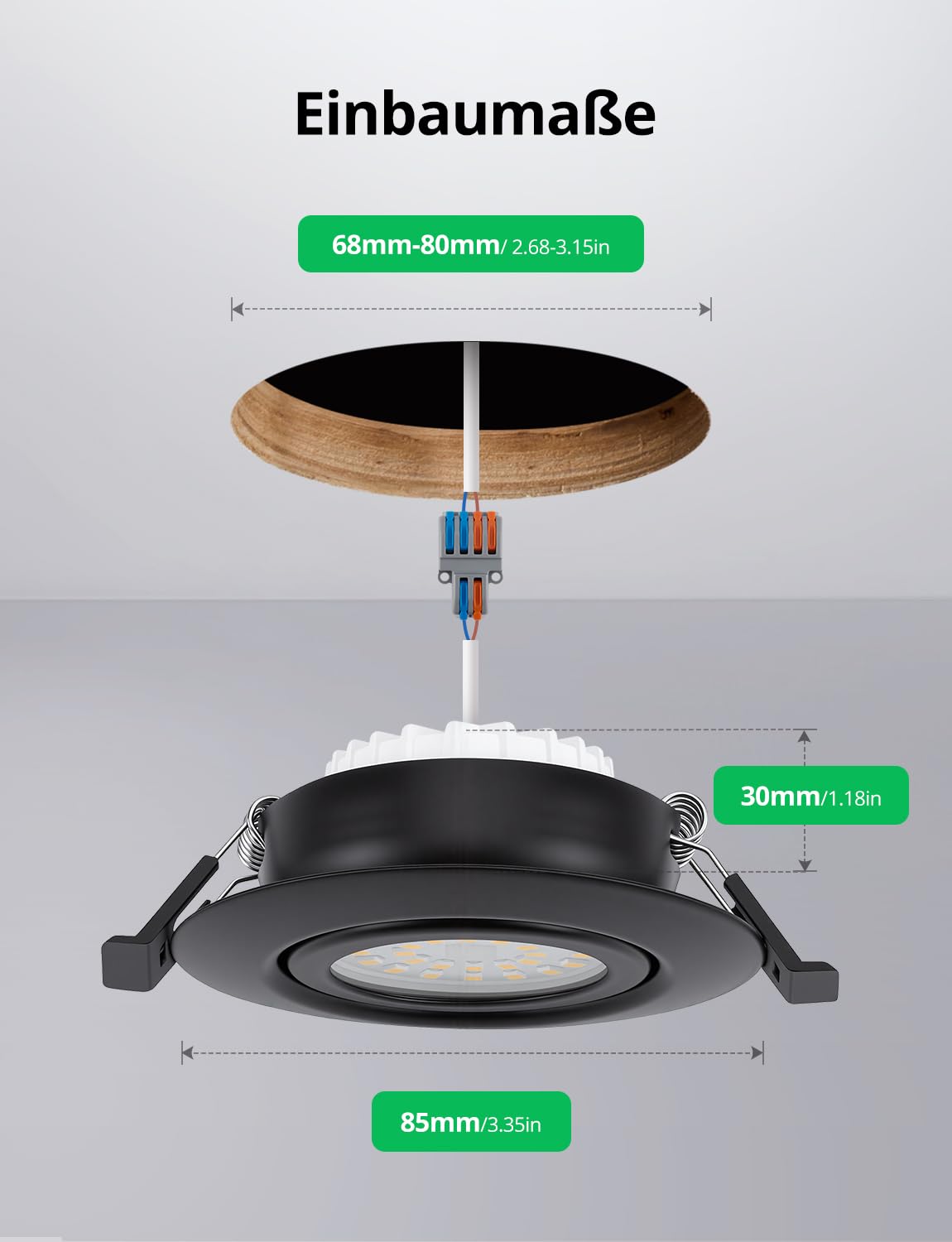 BOJIM Reflektor LED wpuszczany czarny, IP44, 4,7 W klasa energetyczna B, reflektory sufitowe 230 V otwór 68 mm - 80 mm, naturalna biel 4000 K, do łazienki, kuchni, salonu, sypialni, zestaw 10 sztuk