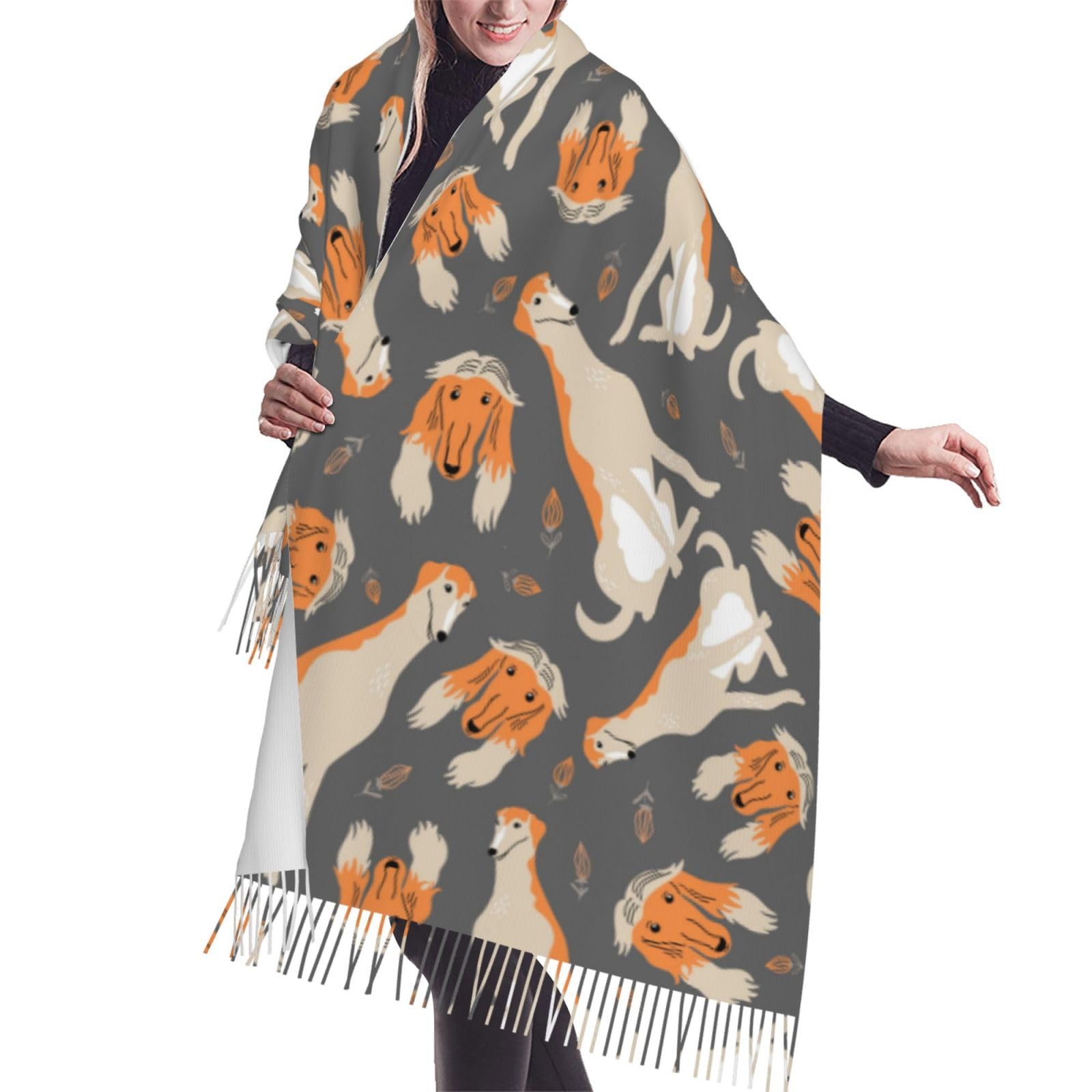Poadnly Unisex As Picture Cute Afghan Hound, Large Soft Cashmere Feel Shawls Wraps Women Fringed Scarf Light Stole 196X68 Cm