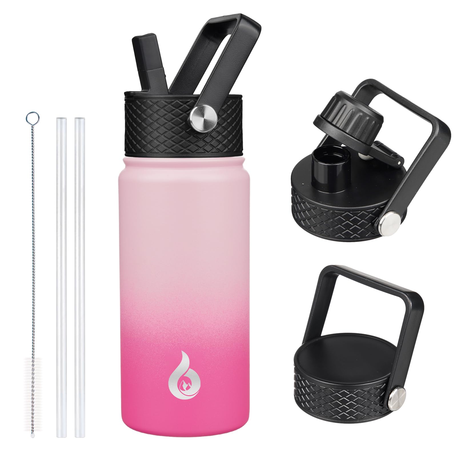 BJPKPK Isolierte Trinkflasche mit Strohhalm-Deckel, 530 ml Edelstahl Metall Wasserflasche, Kalt Heiß Thermos mit 3 Deckeln, Wasserdicht BPA Frei Weithalsflaschen, Thermosflasche-Kirsche