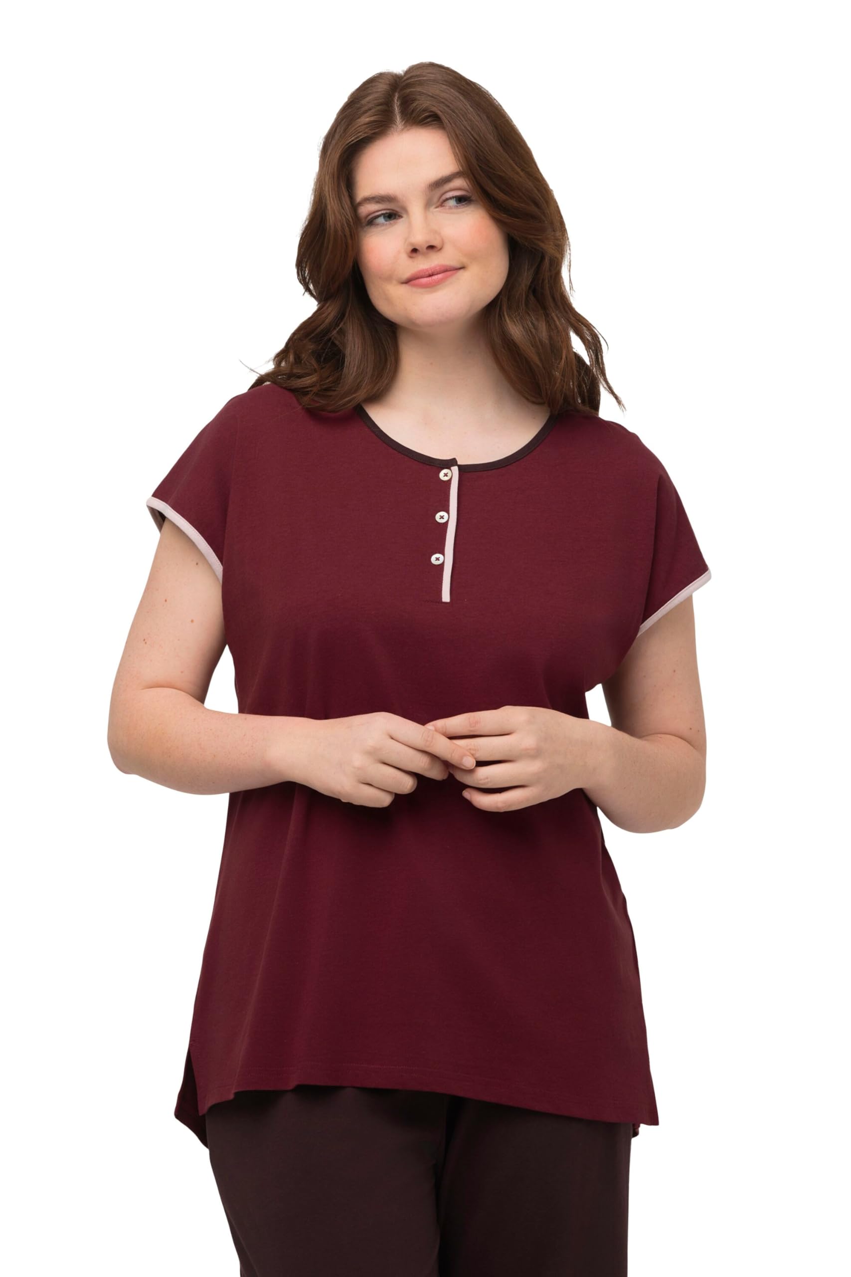 Ulla Popken Damen große Größen Übergrößen Plus Size Pyjama-T-Shirt, Paspel, Rundhals, Halbarm, Biobaumwolle 820107