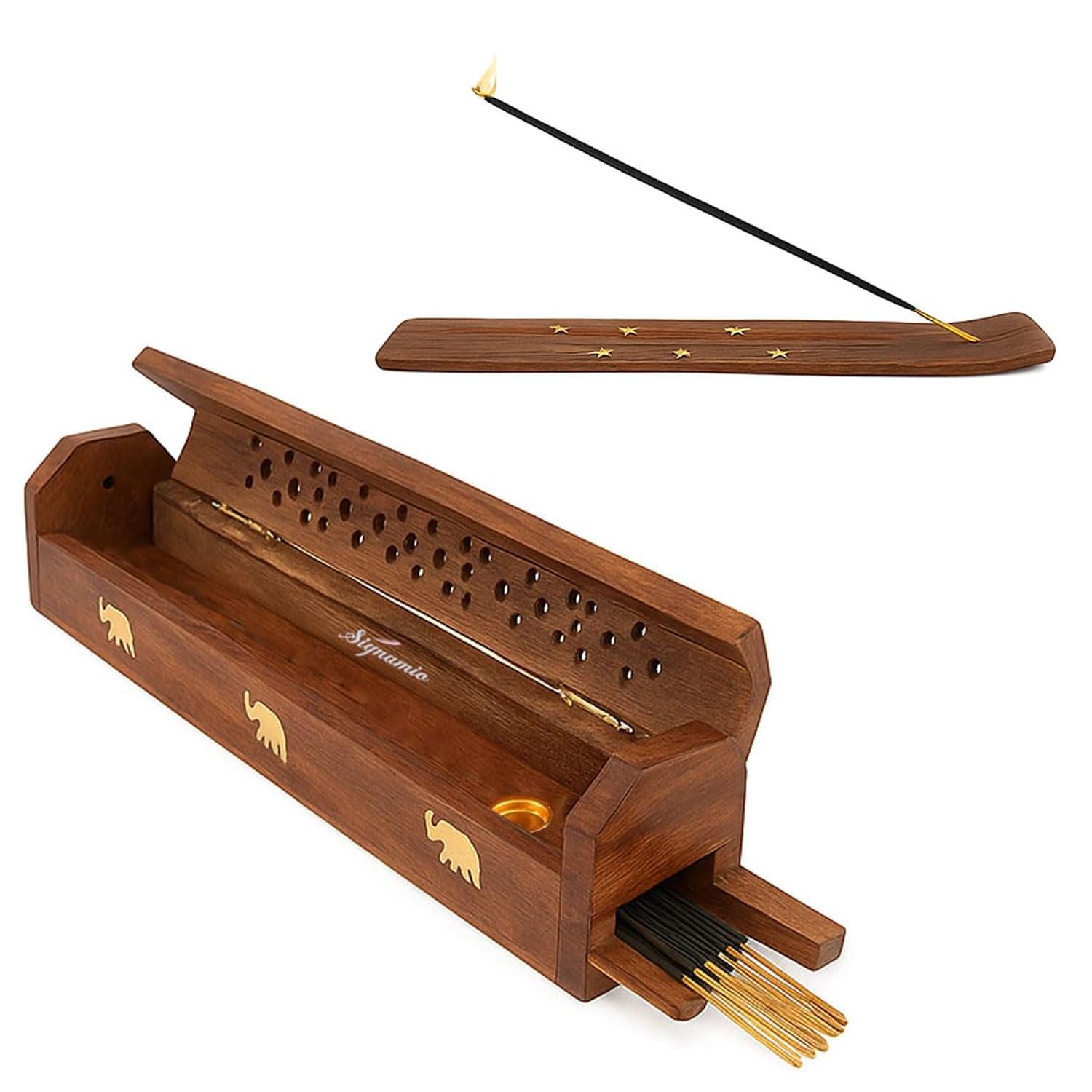 SIGNAMIO® 2pcs Wooden Horizontal Mini Agarbatti and Dhoop Holder Premium Incense Stick Stand with Ash Catcher for Pooja - Essential Puja Items for Home Mandir & Agarbatti Stand Holder with Storage Box