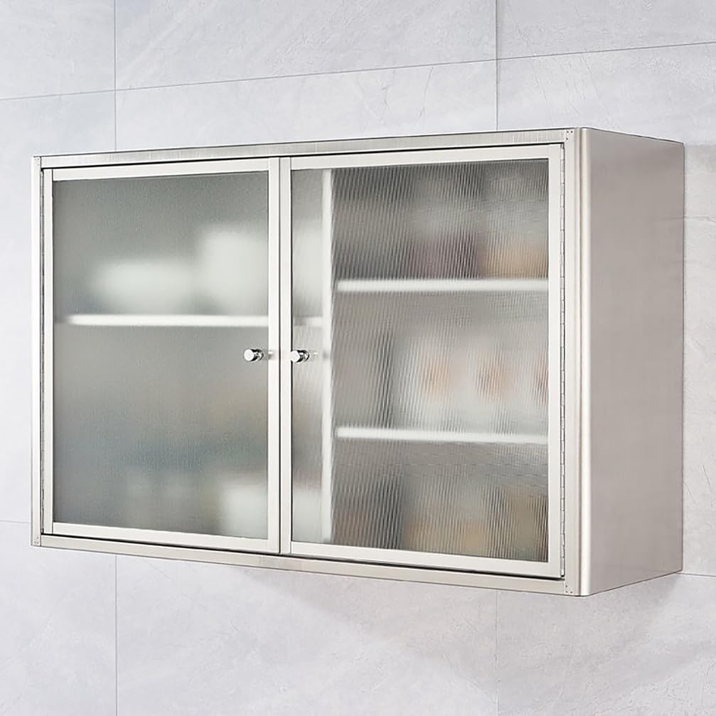 WYRNOBRX 31.5 in Floating Wall Cabinet Stainless Steel Double Door Gabinetes Para Cocina with Adjustable Shelves, Wall-Mounted Storage Cabinets, for Kitchen, Bathroom, Garage,Silver,L60*H38*W25