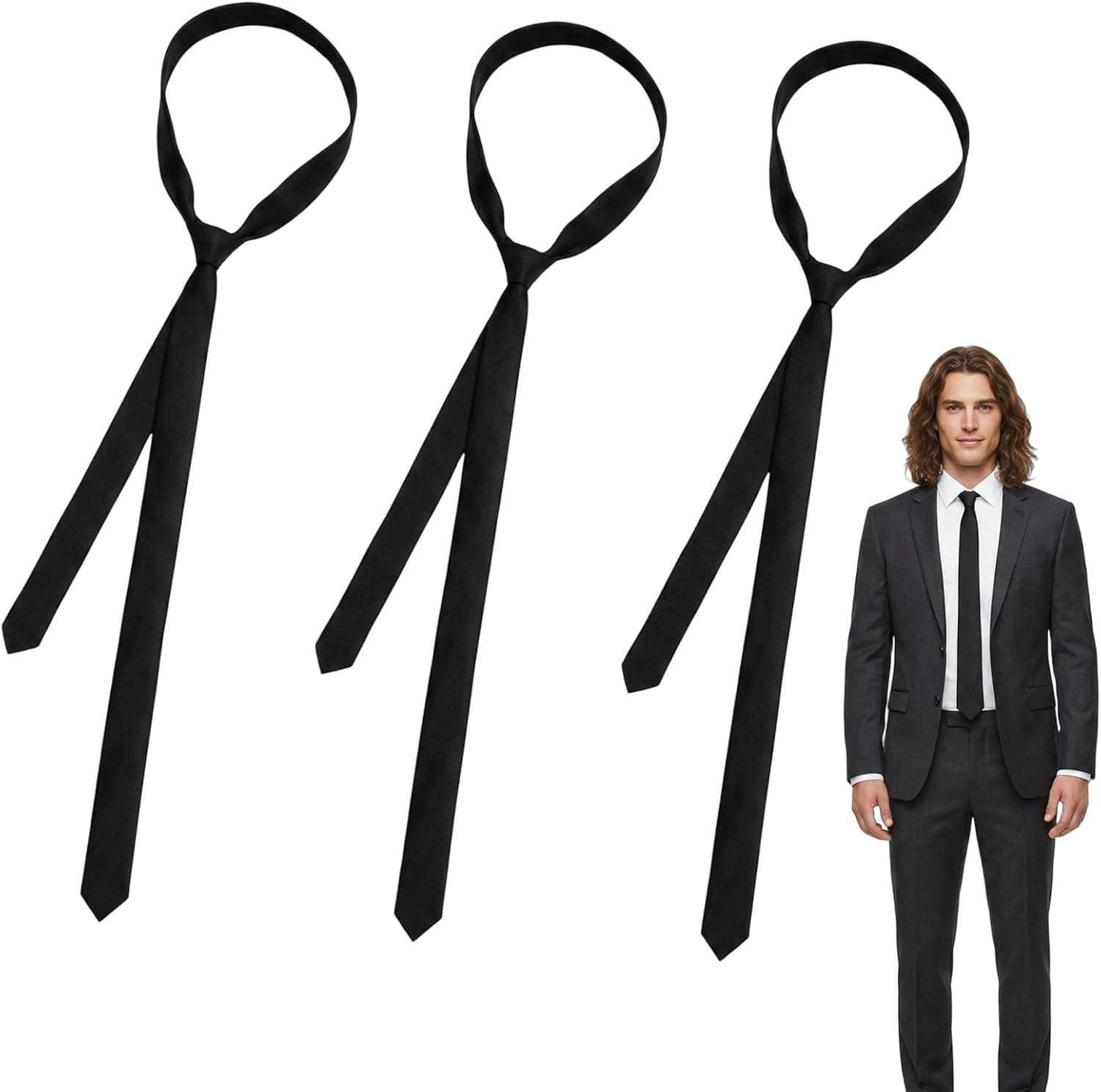 3 PCS Black Skinny Tie, Black Tie Slim, Thin Ties for Professional Attire, Weddings and Formal Events, Set of Black Slim Ties