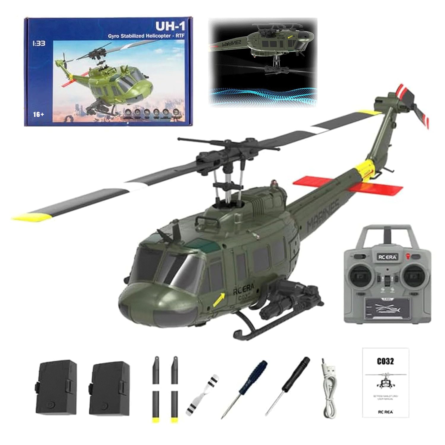 ROUASD RC ERA C032 UH-1 Huey RC Helicopters for Adults Beginners, 1/48 Scale 6CH 2.4G 6-Axis Gyro Remote Control Stabilized Aircraft with 3D Rolling &