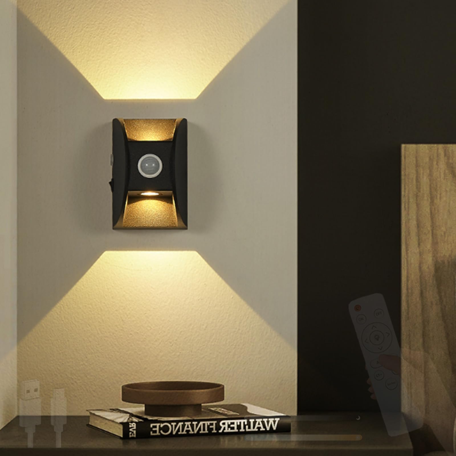 Lampa ścienna z czujnikiem ruchu LED, przełącznik, ładowana przez USB, pilot zdalnego sterowania, ściemniana, aluminiowa dekoracja wnętrz na schody, salon, hotel (czarny)