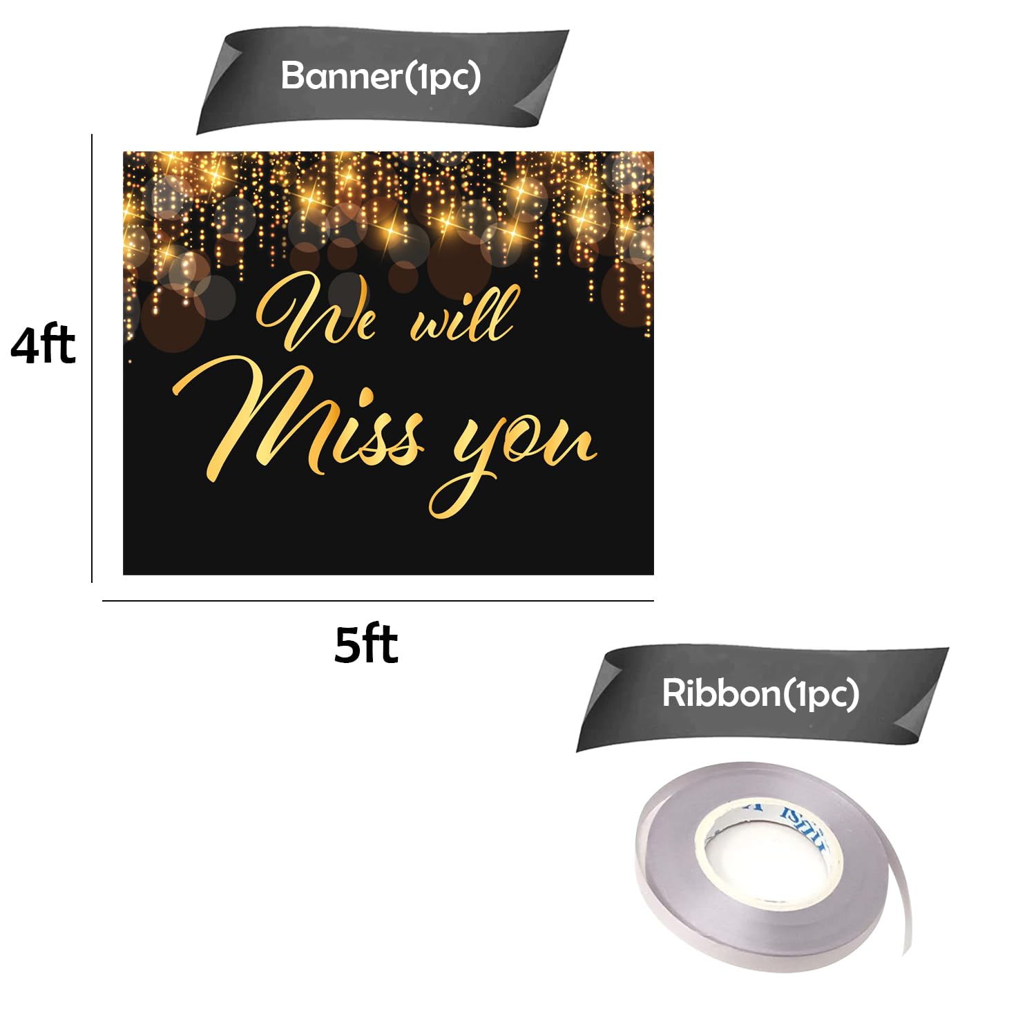 Silver Glitter "We Will Miss You" Banner - Farewell, Bon Voyage & Retirement Party Decor
