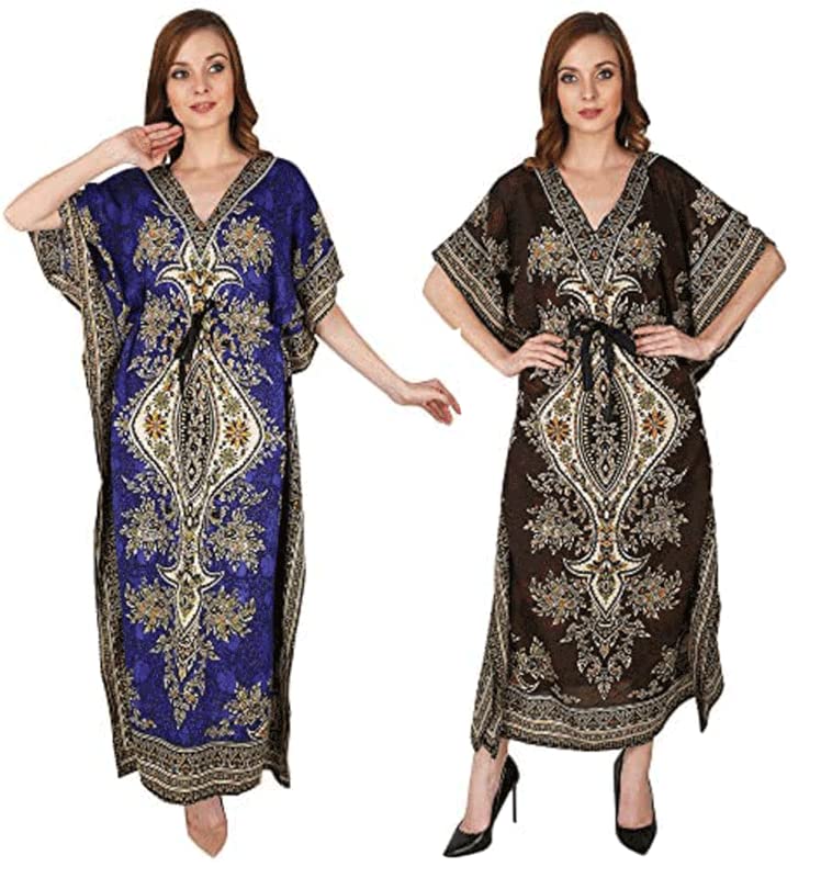 combo pack of 2 women's kaftan dress beach ladies sleepwear night gown robe v-neck cover up night wear (multicolor, free size)