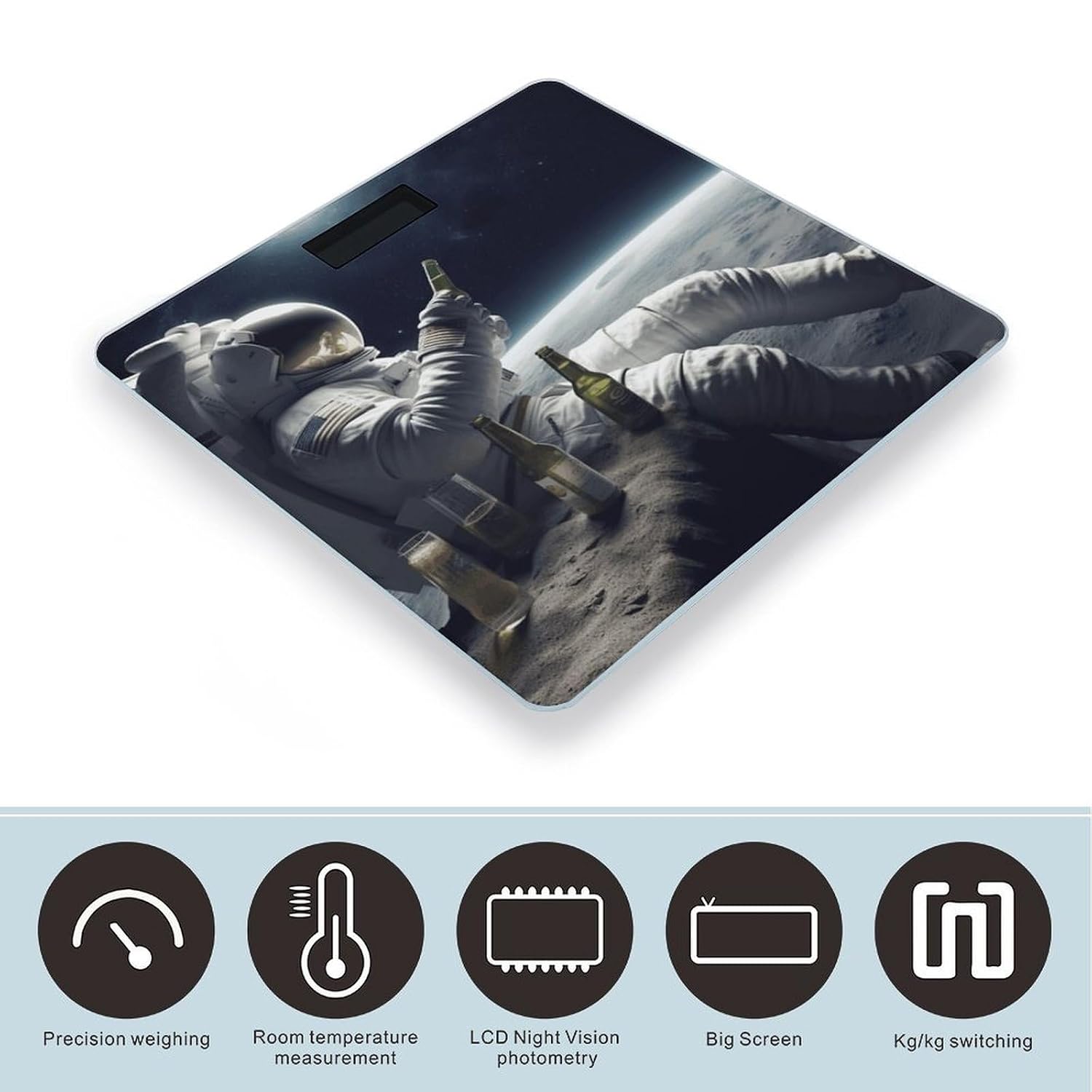 Astronaught with Beer Digital Bathroom Scale for Tempered Glass Body Weight Stylish Print Weighing Scale with Backlit LCD Display High Precision Body Scale for Home Bedroom Compact