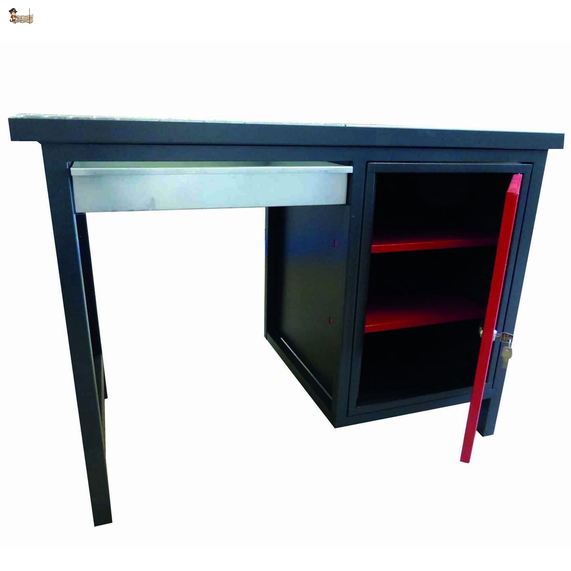 BricoLoco Mesa soldadura metálica perforada de taller. Banco trabajo soldar electrodo, MIG, TIG. Panel portaherramientas y ganchos. Cajón extraíble. Armario almacenamiento con llave.
