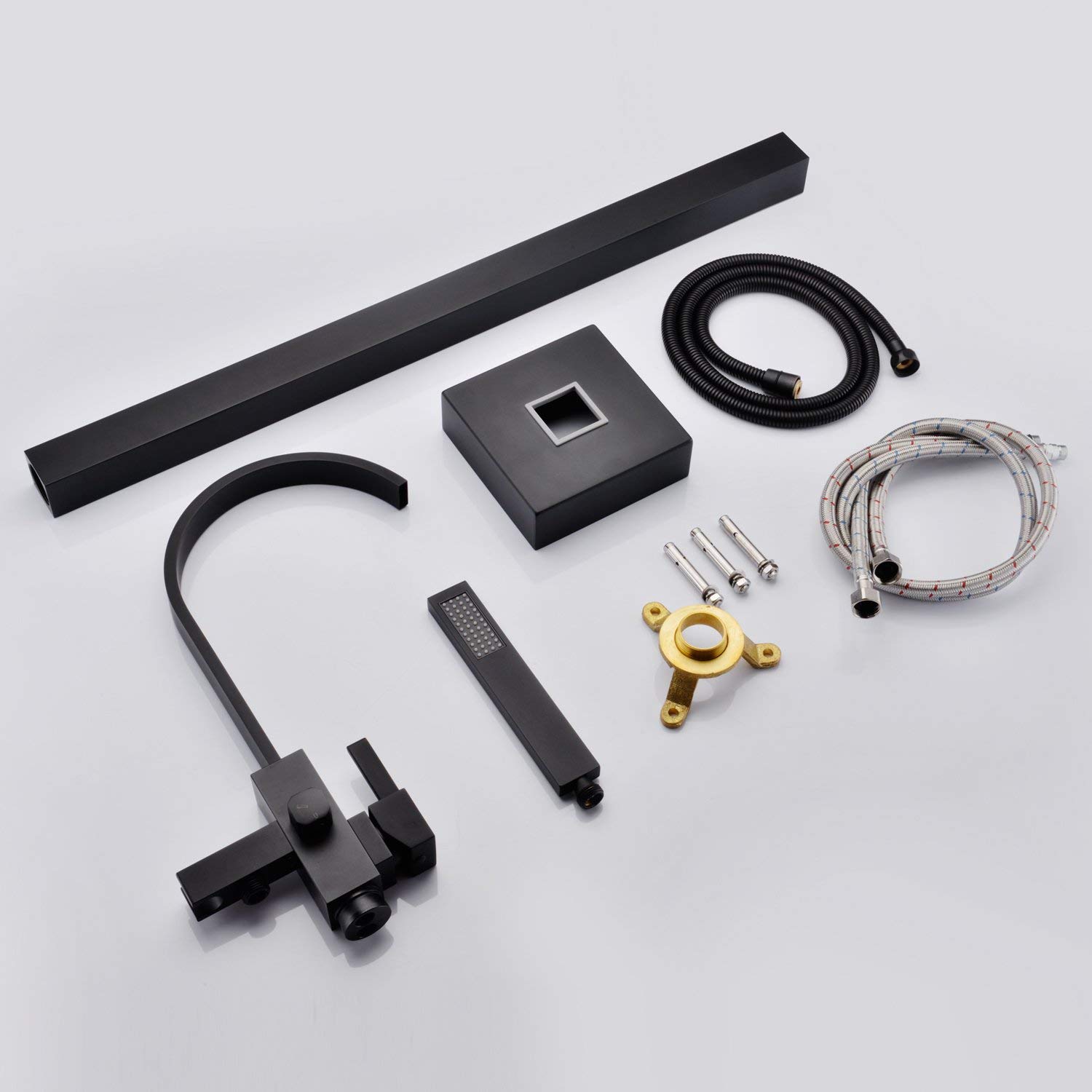 Set Doccia, Miscelatore Doccia a Pavimento Contemporaneo con valvola in Ceramica, Maniglia Singola, Foro Singolo, Nero Opaco, Miscelatore per Vasca da Bagno a Pavimento
