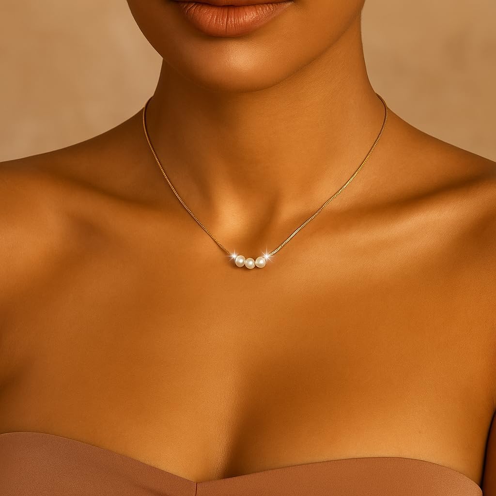 Women's Dainty Gold Necklace, Three Freshwater Pearl Pendant Gold Necklace, Minimalist Delicate Gold Necklaces for Women, Elegant Daily Wear Jewelry Gift - Image 4