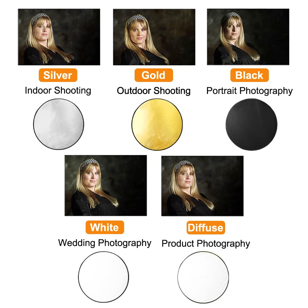 Riflettore Fotografico 5 In 1 60cm - Oro, Argento, Bianco, Nero E Traslucido, Pieghevole Per Ritratti E Esterni - Foto 2