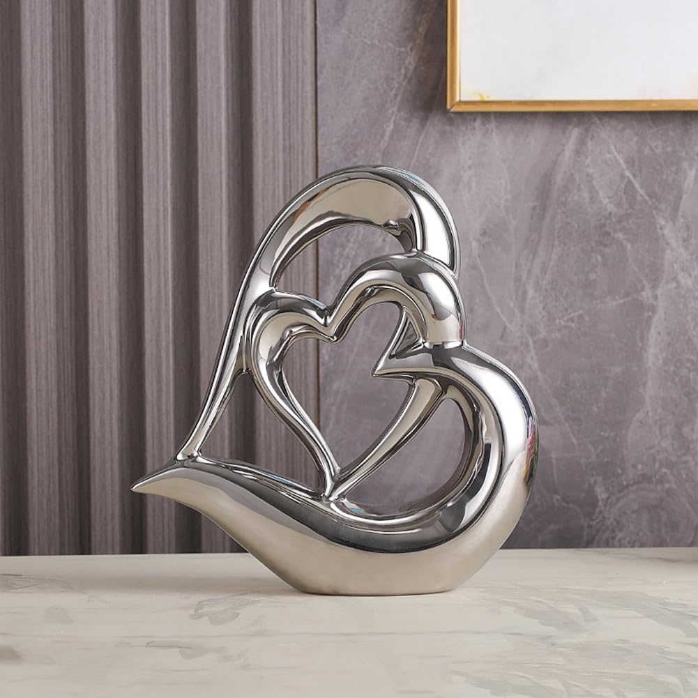 ODMYZG Double Heart Ornament,Double Heart Ceramic Statue,Home Decoration sculpture,Creative Home Modern Gift Office Living Room Decoration Collection Souvenir,Gift. (Silver D)