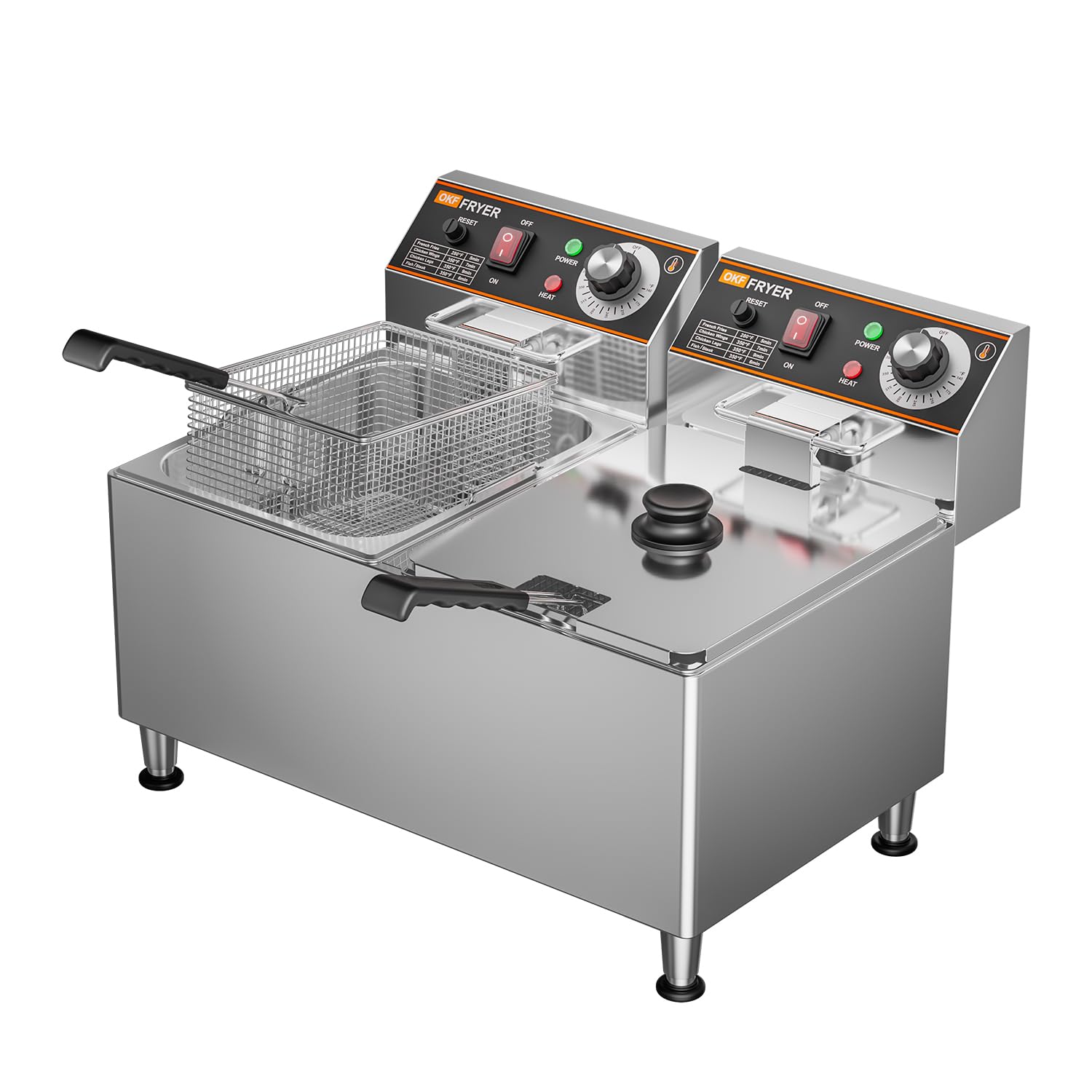 OKF Deep Fryer 24L, 1mm Thickened Material, 120V 3600W Commercial Deep Fryer with Basket for Home Use, with 2 Baskets and Lids, Safety Switch, Overheat Protection