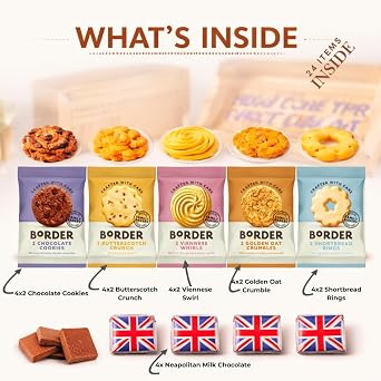 Border Biscuit Selection Box (20 Pack) – Assorted Biscuit Gift Hamper with 4 Milk Chocolate Squares | Individually Wrapped Tea Time Snacks, Food Gift Box for Birthdays, Thank You & Sharing