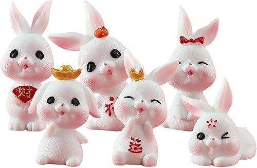 6 piezas de mini figuras de conejo del zodiaco chino estatua de resina de Año Nuevo 2023 lindo adorno de conejo para recuerdo de la suerte oficina
