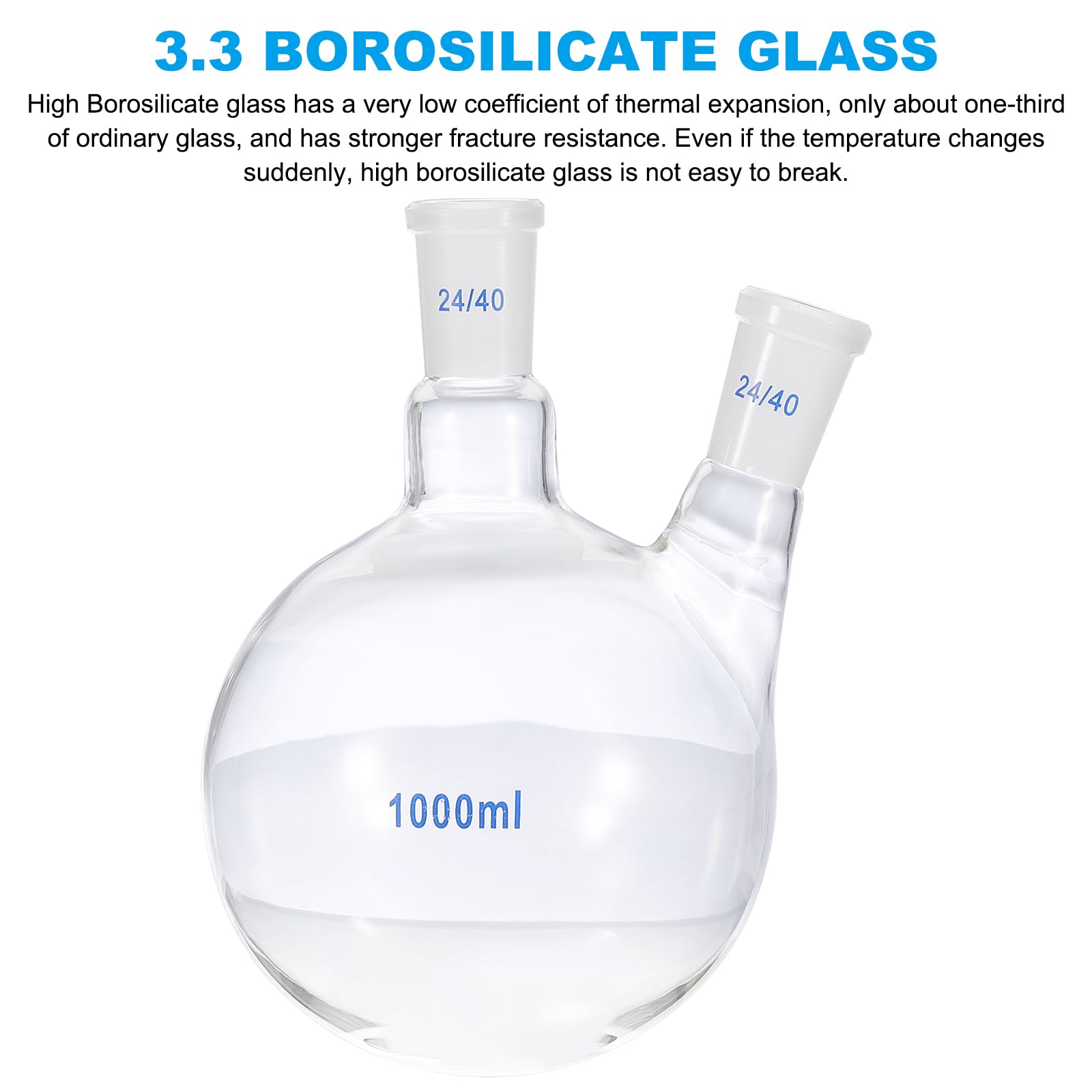 PATIKIL Pallone Da Laboratorio In Vetro Borosilicato 3.3 Da 1000ml A Doppia Collo Con Fondo Tondo Pareti Spesse E Attacco Standard 24/40 Esterno, Trasparente
