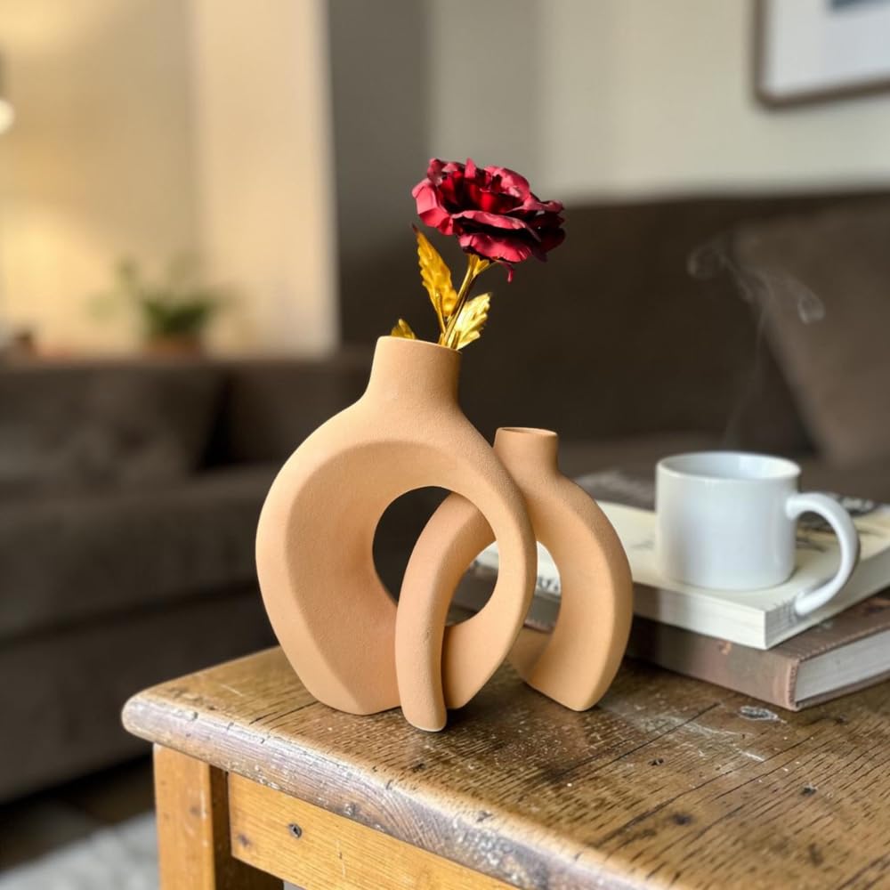 Ceramic Arch Vase Set of 2, Terracotta Nordic Sculptural Decor | Interlocking arch design in ceramic; holds dried stems, pampas grass or fresh flowers; living room, bedroom, shelf accent-image-19