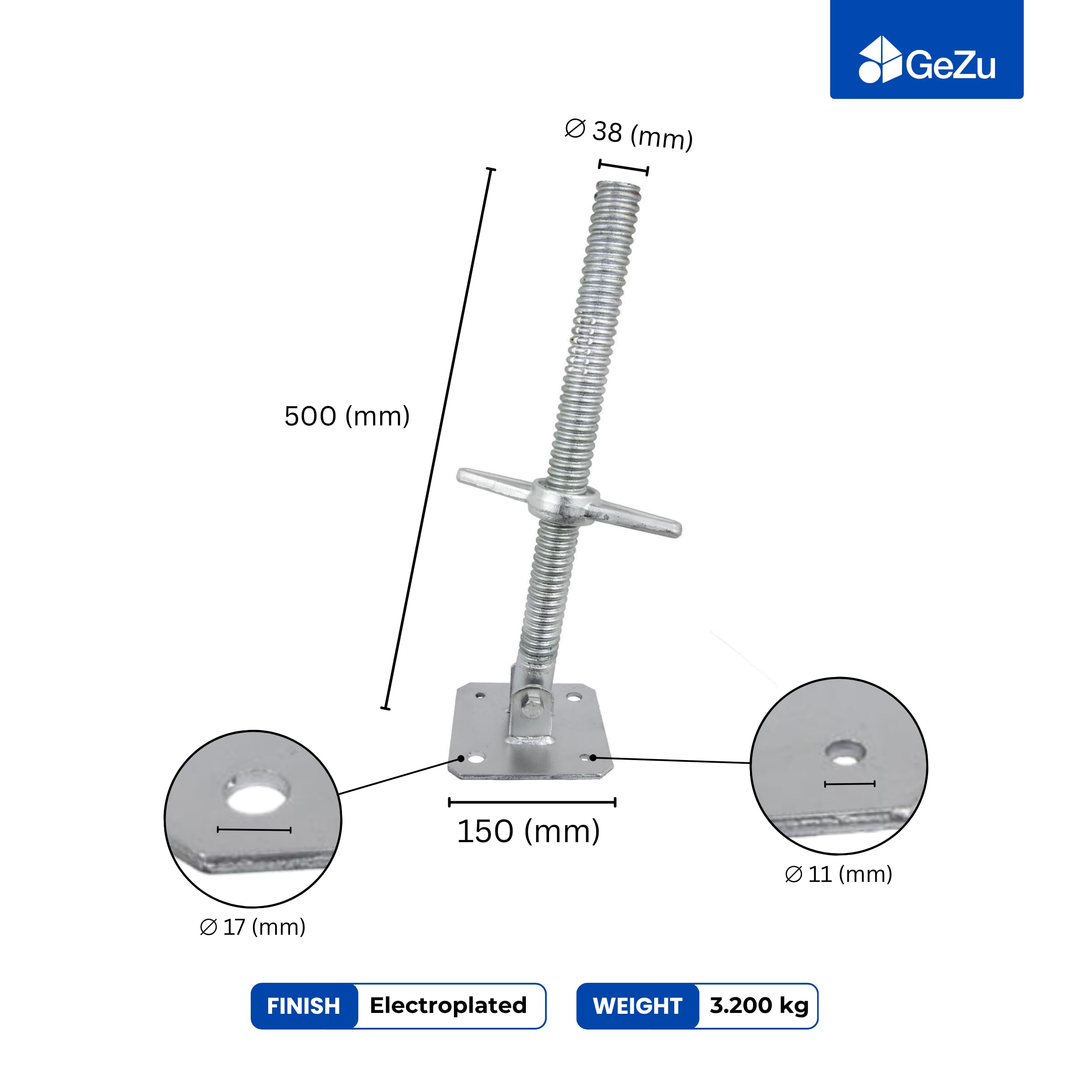 GeZu Impex Pied d'échafaudage avec Tige Filetée Ø 38 x 500 mm Lot de 4 | Galvanoplastie plaques de pieds réglables
