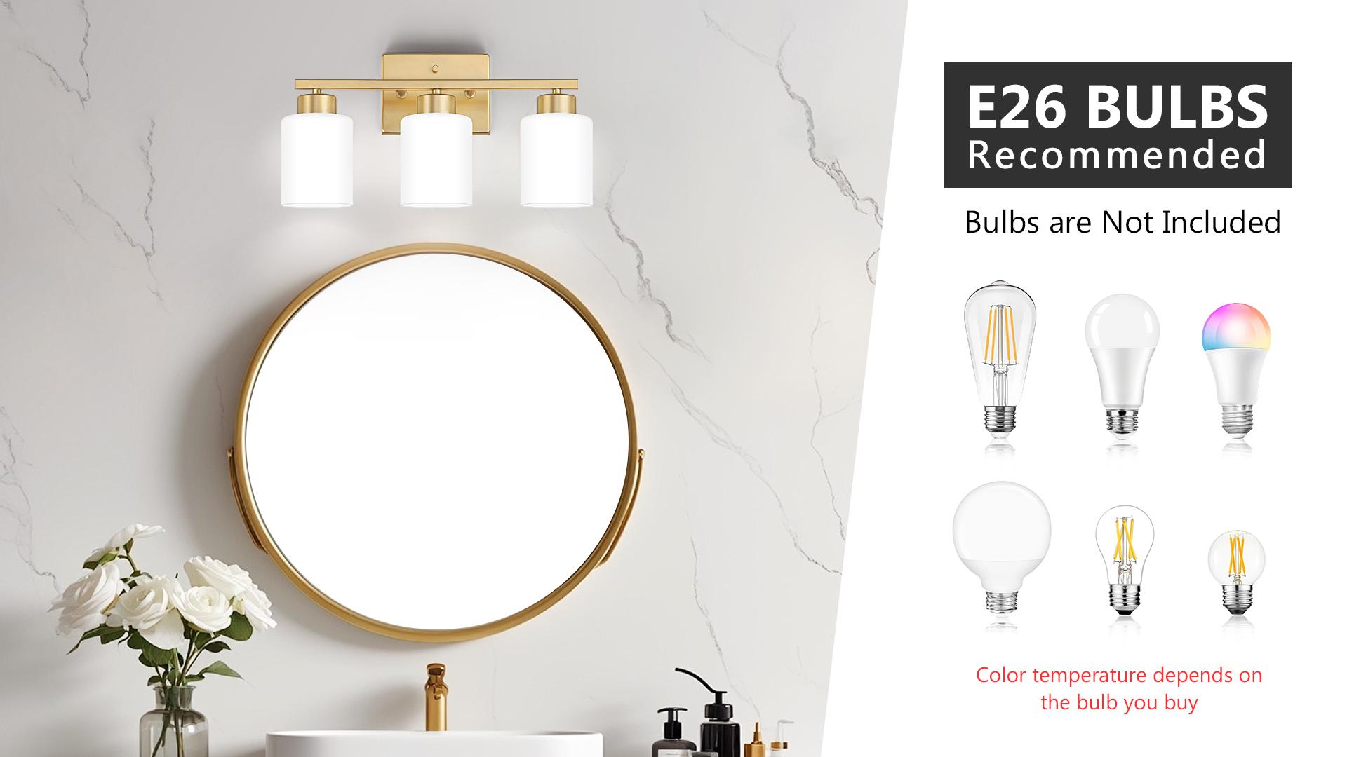 Image of FonmYim Gold Bathroom Light Fixtures, 3-Light Modern Vanity Light Over Mirror, Wall Sconces with Milky White Frosted Glass Shades, E26 Socket (Bulbs Not Included)