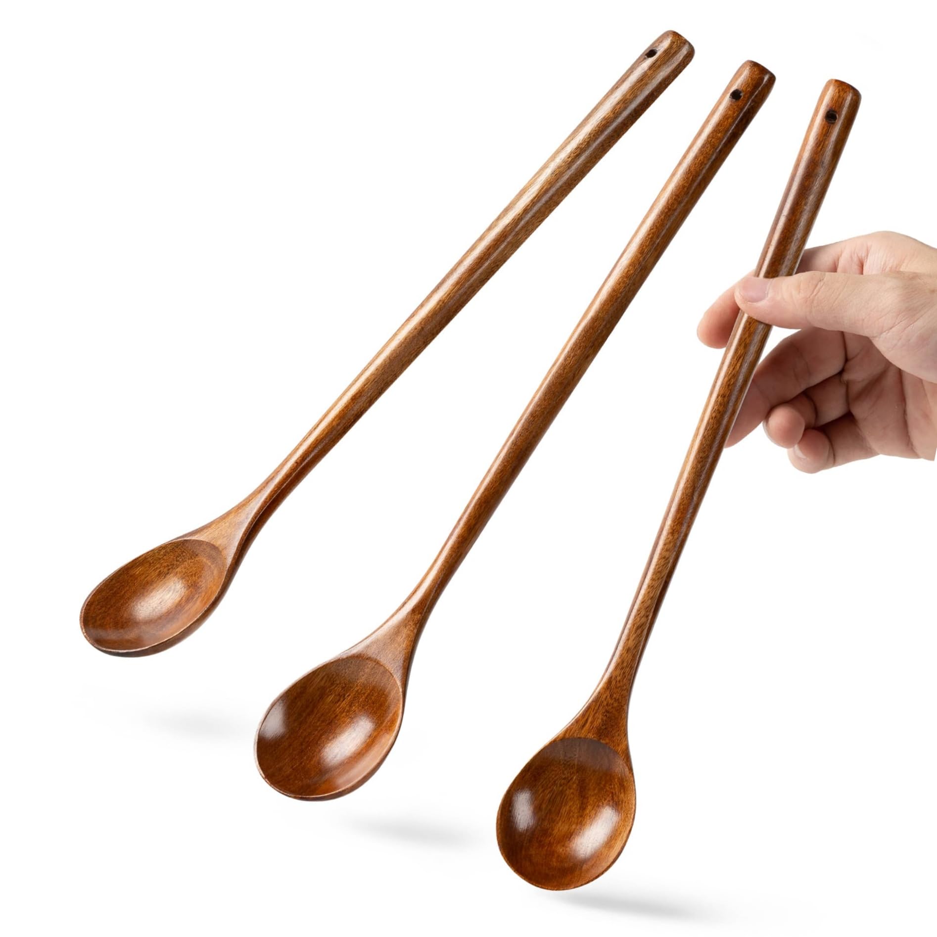 3 große Holzlöffel zum Kochen, 33 cm, extra langer Griff, Holzlöffel zum Essen, Nudeln, Rühren, Verkosten, Backen, große Kochutensilien-Set