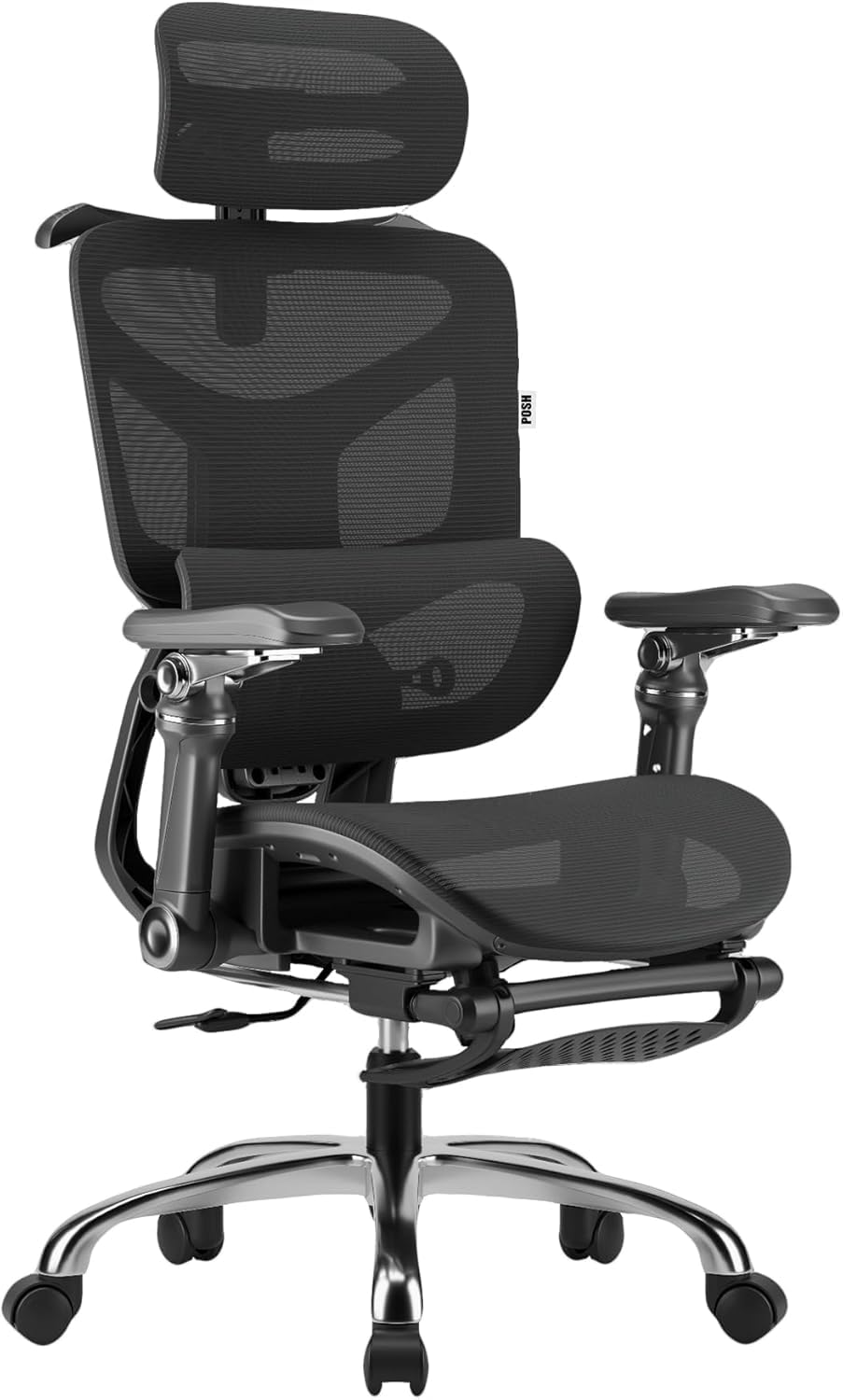 POSH Sedia da ufficio ergonomica con poggiapiedi e braccioli 9D, inclinazione di 145°, con supporto lombare dinamico, poggiatesta regolabile, schienale in rete e croce in alluminio, fino a 100 kg