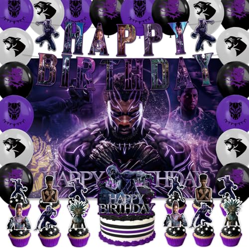 42Pack Black Panther Party Supplies Kit Set Include Banner Cake Topper Backdrop Balloons for Party Decorations (YE5)
