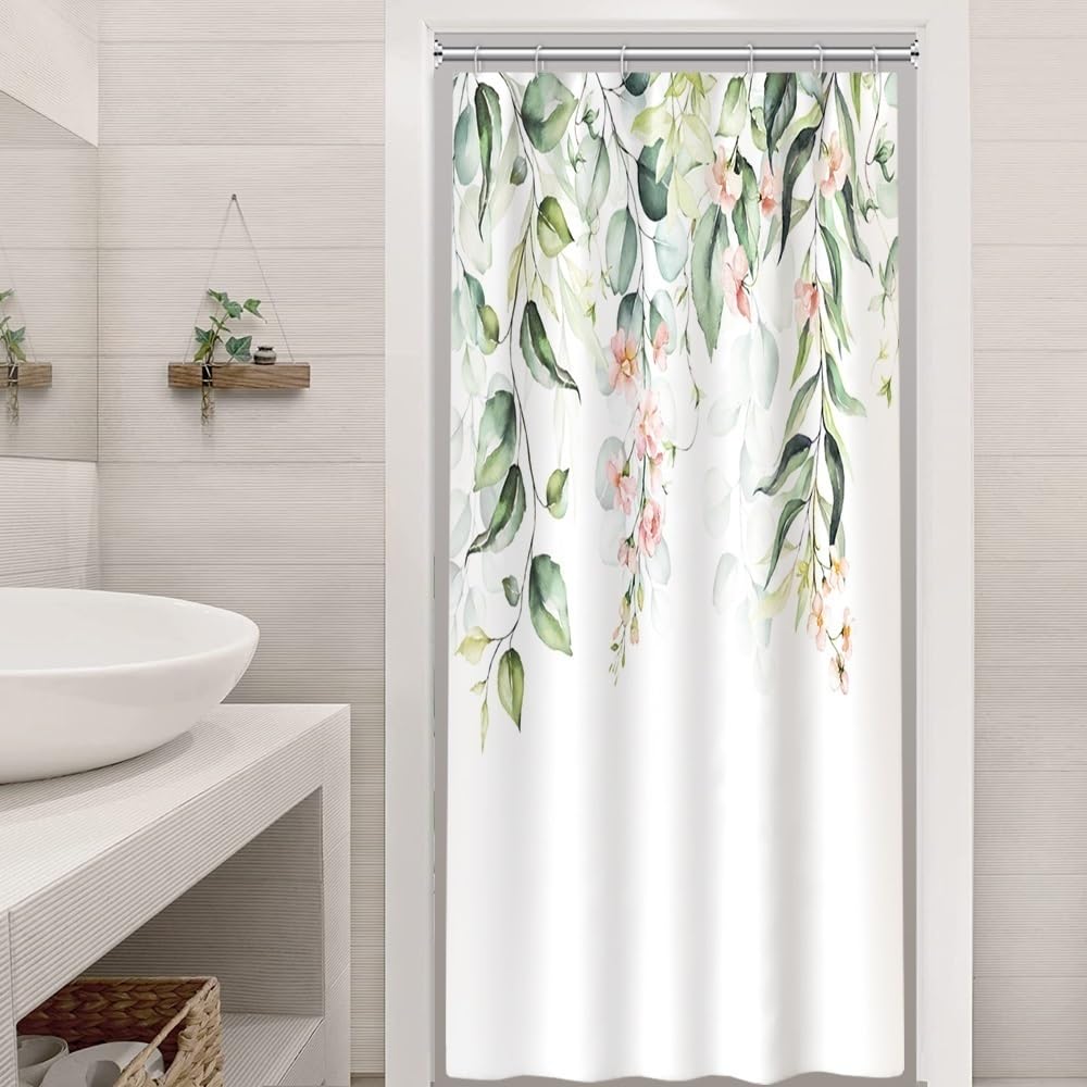 Rideau De Douche Eucalyptus Feuilles Vertes - Imperméable Anti Moisissure 90x180cm Avec Crochets