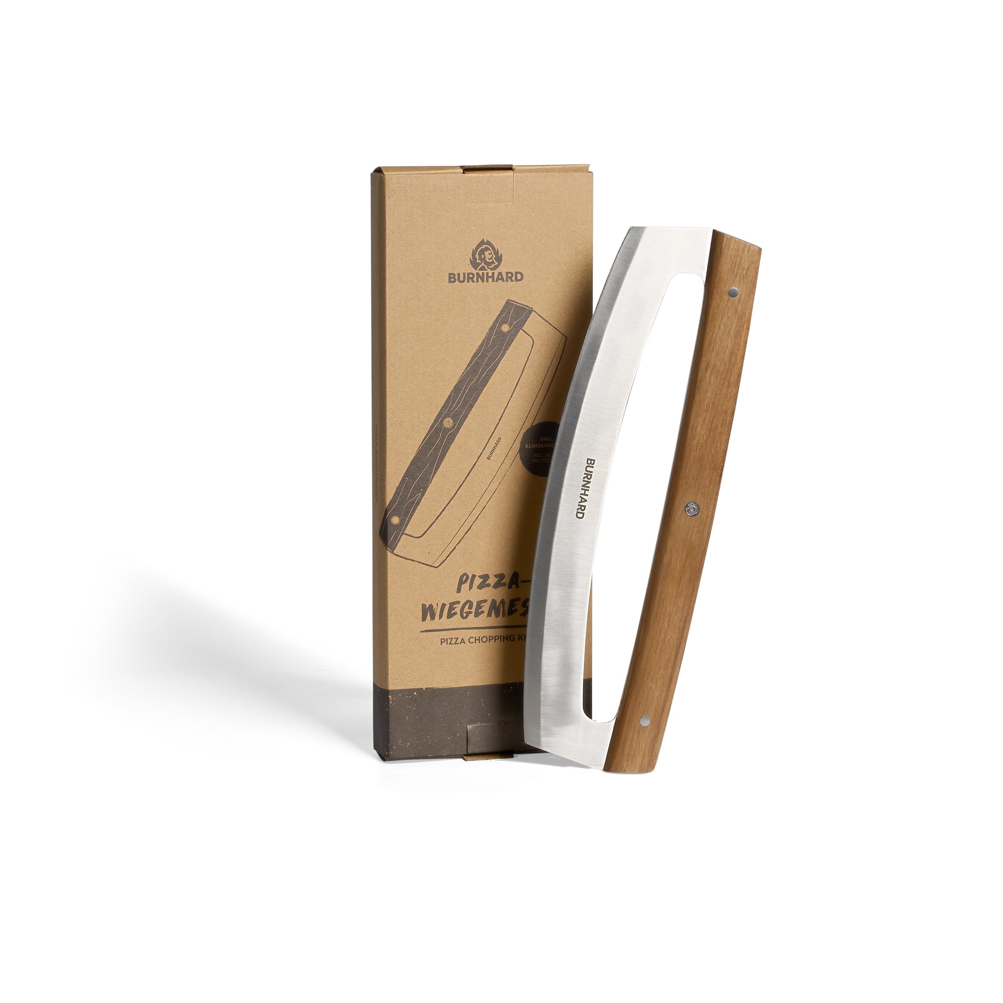 BURNHARD® Pizzaschneider aus Klingenstahl, Wiegemesser, 35,5 cm Klinge, Pizzamesser inkl. Klingenschutz, scharfer Pizza Cutter ohne Zerdrücken, Akazienholzgriff
