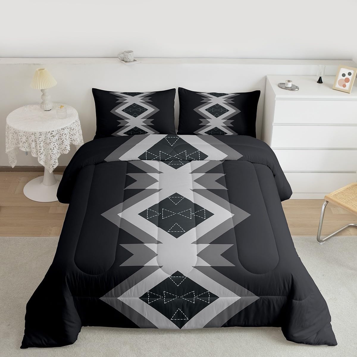 Feelyou Black Gray Aztec Bedding Set Soft for Boys Girls, Western Decor Comforter Set Queen Size Boho Style Duvet Quilt Microfiber Bohemian Bedroom Decor 3 Pcs with 2 Pillow Cases