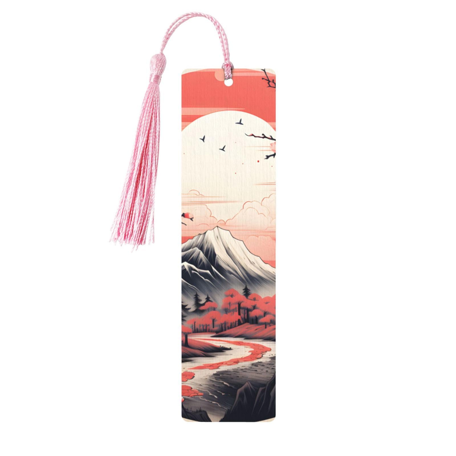 Japanese Fuji Bookmark Cherry Blossom Sun Wooden Bookmark with Tassel Book Mark for Women Men Reading Page Markers Gifts for Book Lovers