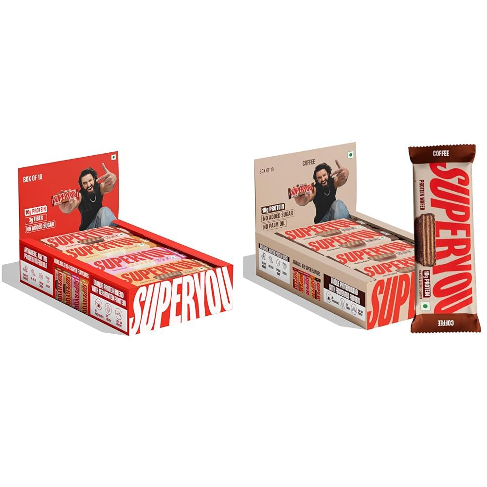 SuperYou Assorted & Coffee Protein Wafer Bars Combo. 10g Protein, 3g Fiber, No Added Sugar, Vegetarian, No Palm Oil. 400g each.-image-32