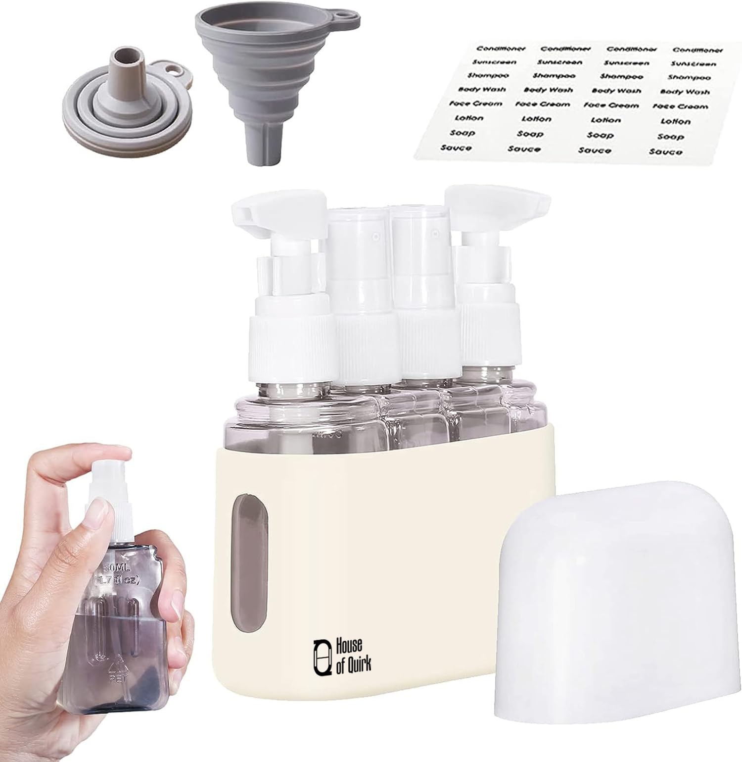 House of Quirk Polypropylene 4 In 1 Leak Proof Travel Bottles,Tsa Approved Leak-Proof Toiletry Products,Labelled Liquid Used In Shower Gel,Shampoo,Facial,Clenaser (Beige), 50 Milliliters