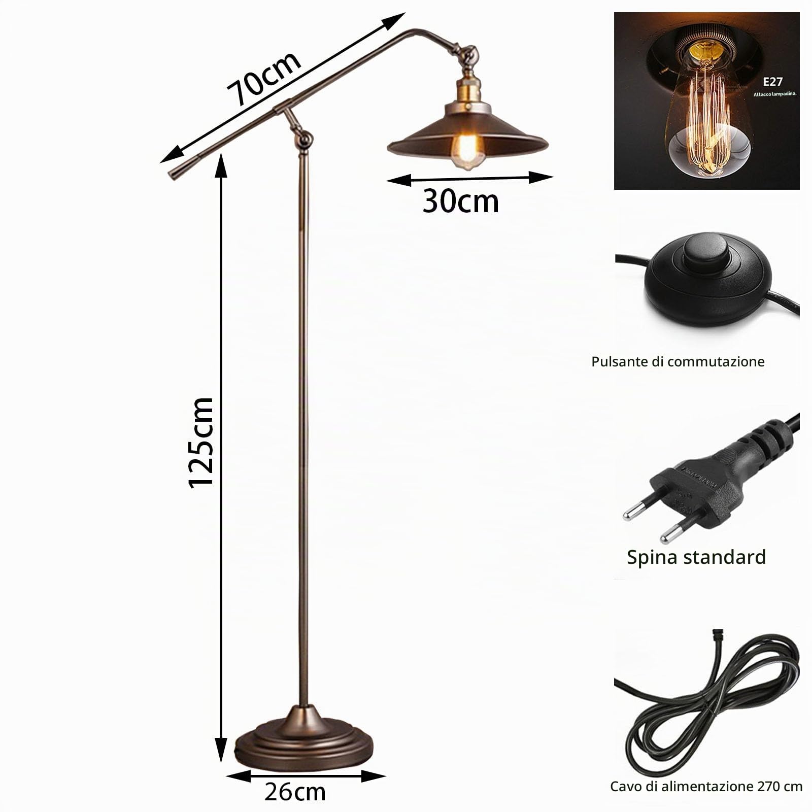 Piantana Lampada da Terra Salotto Vintage Industriale, Telecomando | Lampada Soggiorno LED Dimmerabile in Metallo, E27, 3000K–6000K, Timer 30/60 Min e Interruttore a Pedale per Lettura, Ufficio