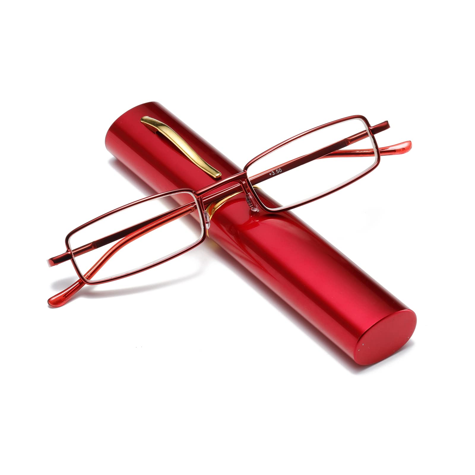 Hubeye Gafas de lectura portatiles con forma de bolígrafo de metal para hombre y mujer Anteojos de lectura con bisagras de resorte Anti luz azul con funda metal de bolsillo 3.00