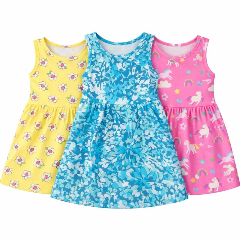 Image of EIO Girls Cotton Frock Dress Combo Pack | Multicolor Printed Knee Length Casual Dresses for Kids | Soft & Breathable Summer Wear Outfit