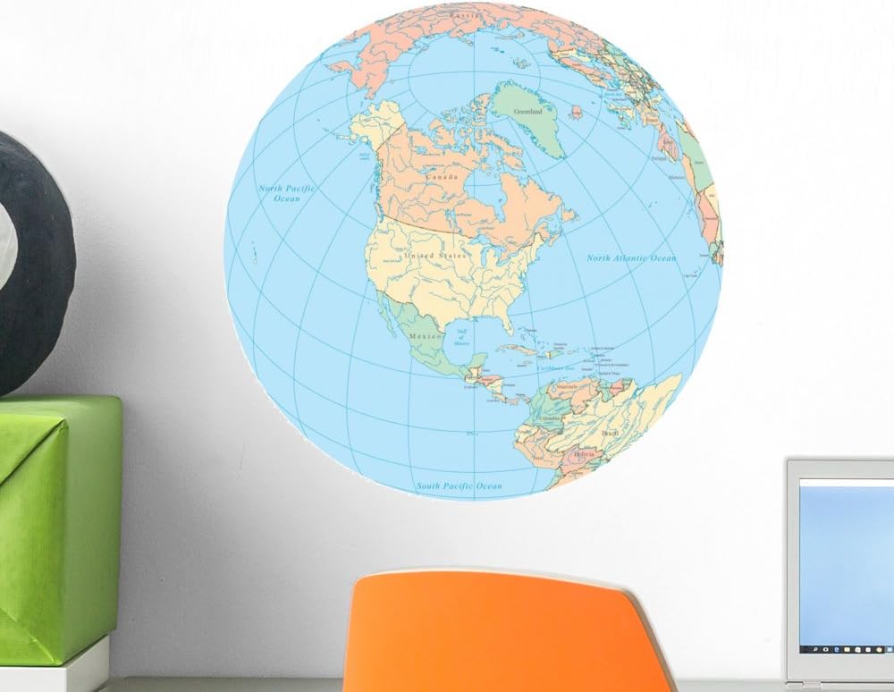 Wallmonkeys World Political Map Globe North America 12" W x 12" H Wall Decal Peel and Stick Graphic