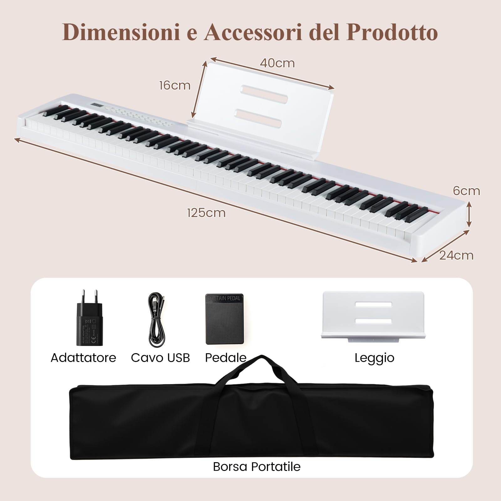 COSTWAY Pianoforte Digitale a 88 Tasti, Tastiera Elettrica per Principianti con 380 Timbri, 128 Ritmi e 88 Demo, Pianola Tastiera Portatile e Leggera con Borsa da Trasporto (Bianco)