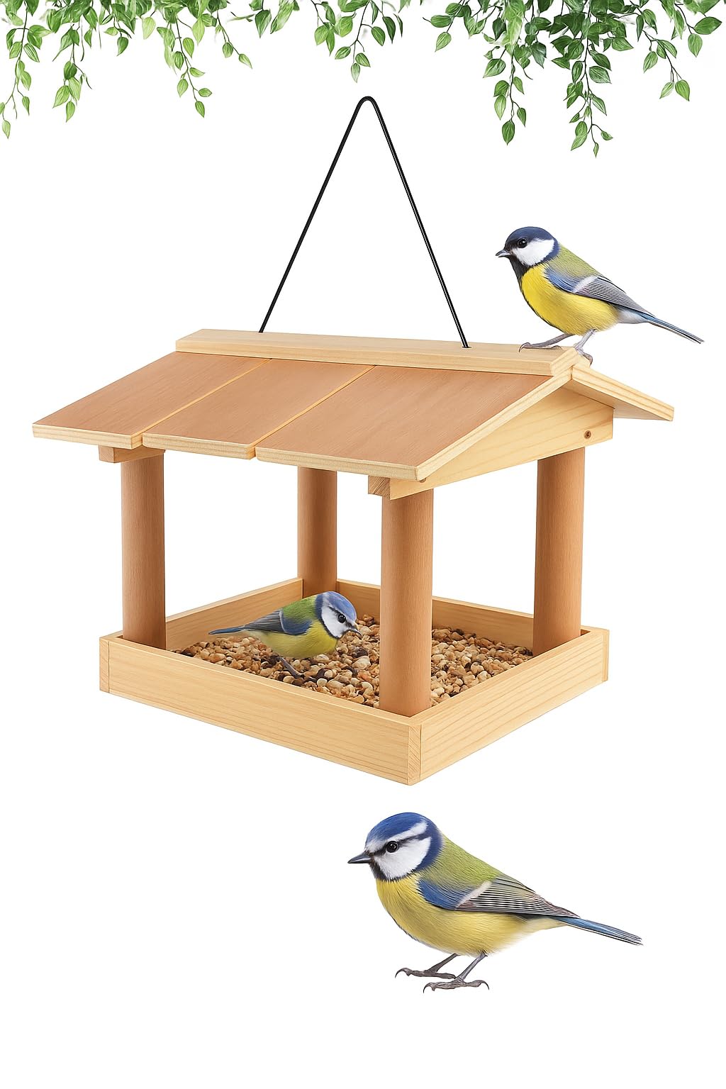 New Hanging Wooden Bird Table Feeder - Cube Design For Wild Birds, Easy Refill (21cm)