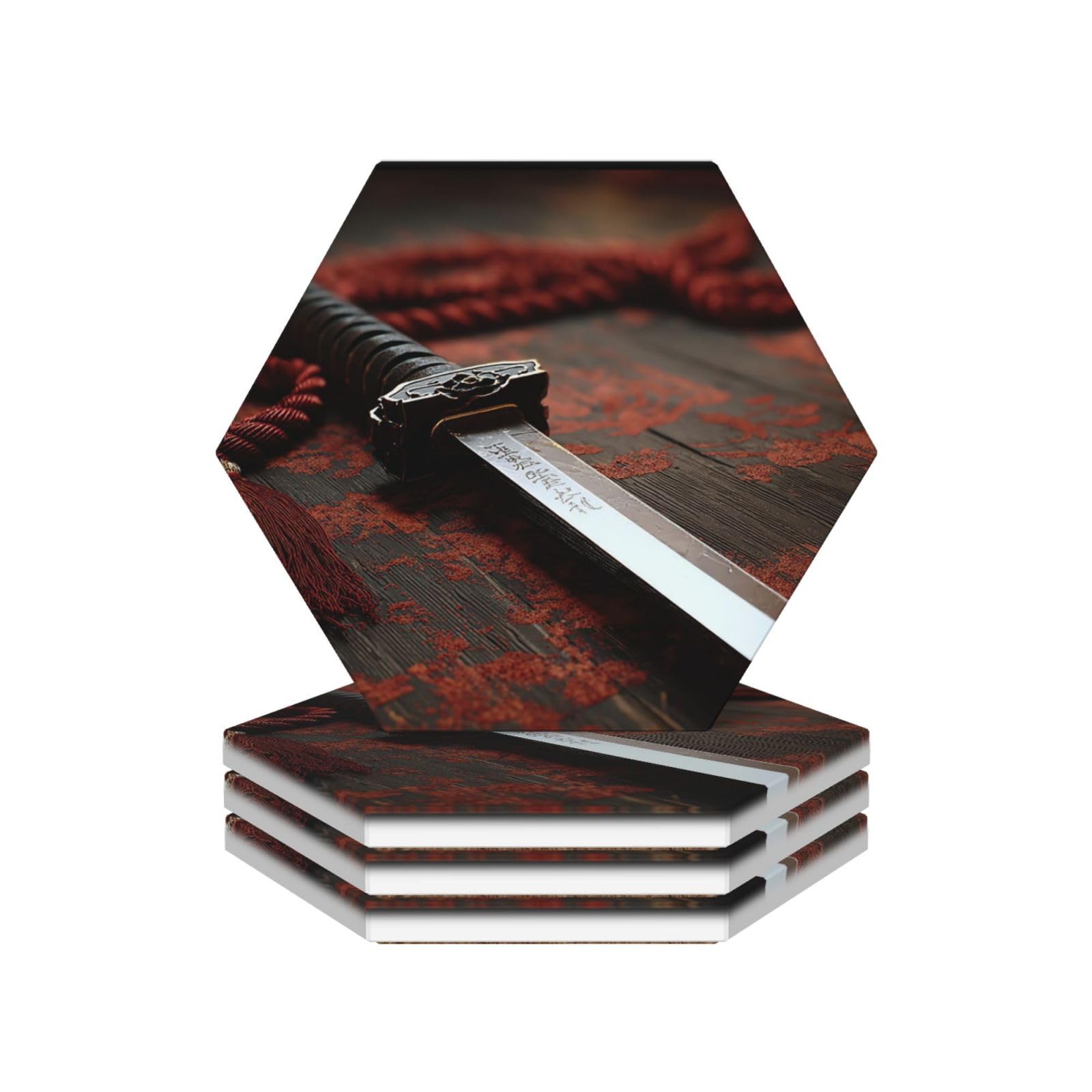 Drink Coasters Set of 4 Ceramic Coaster Japan Samurai Sword Coasters for Drinks Cups Mugs Mat Pads Absorbent Non-Slip Decorative Cup Coaster for Coffee Table Kitchen Bar Home Decor