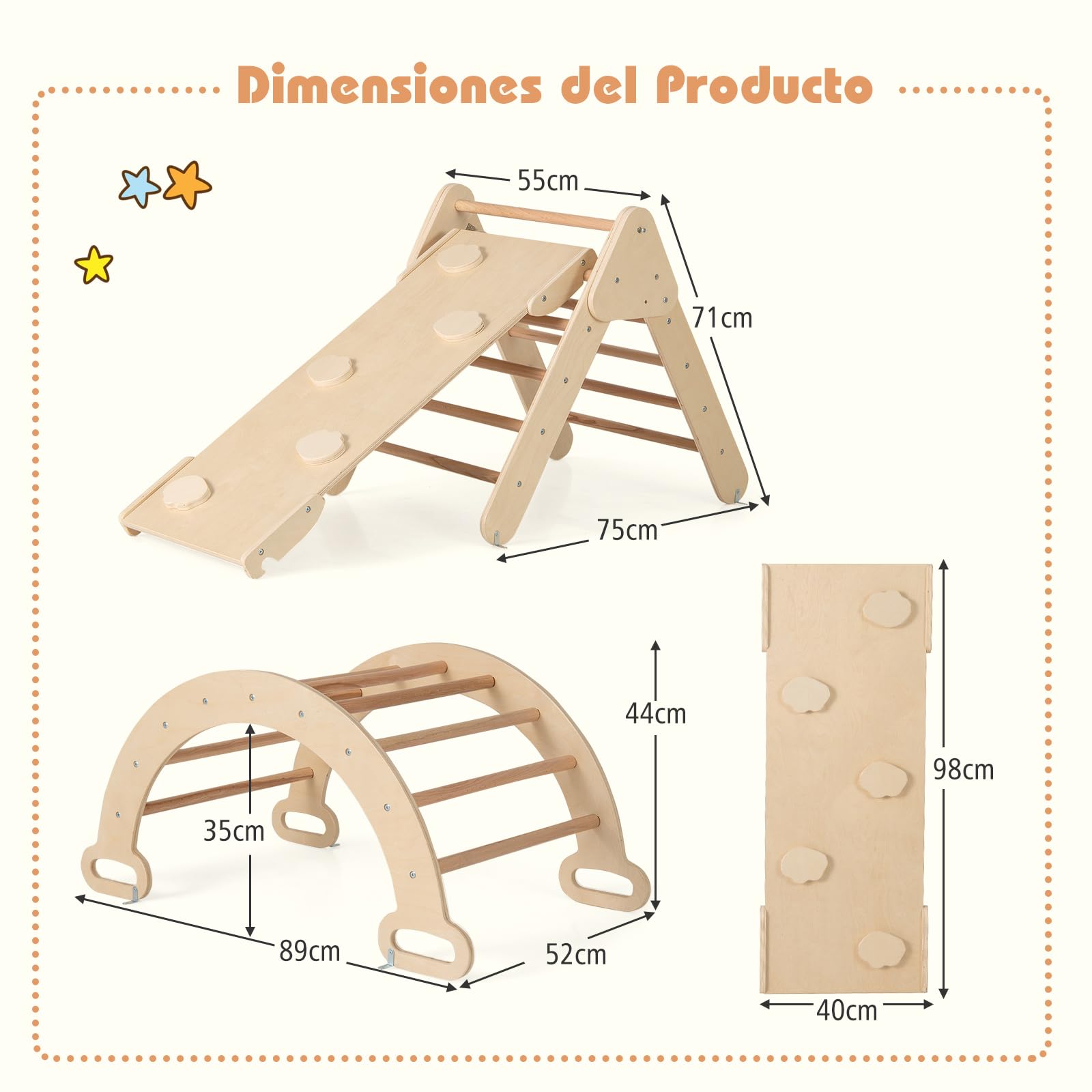GOPLUS 7 en 1 Triángulo de Escalada para Niños de 1 Año, Montessori Escalador con Tobogán Rampa Arco, Juguetes de Escalada de Madera, Slide Aprendizaje para Guardería Casa, Carga 50 kg (Natural)